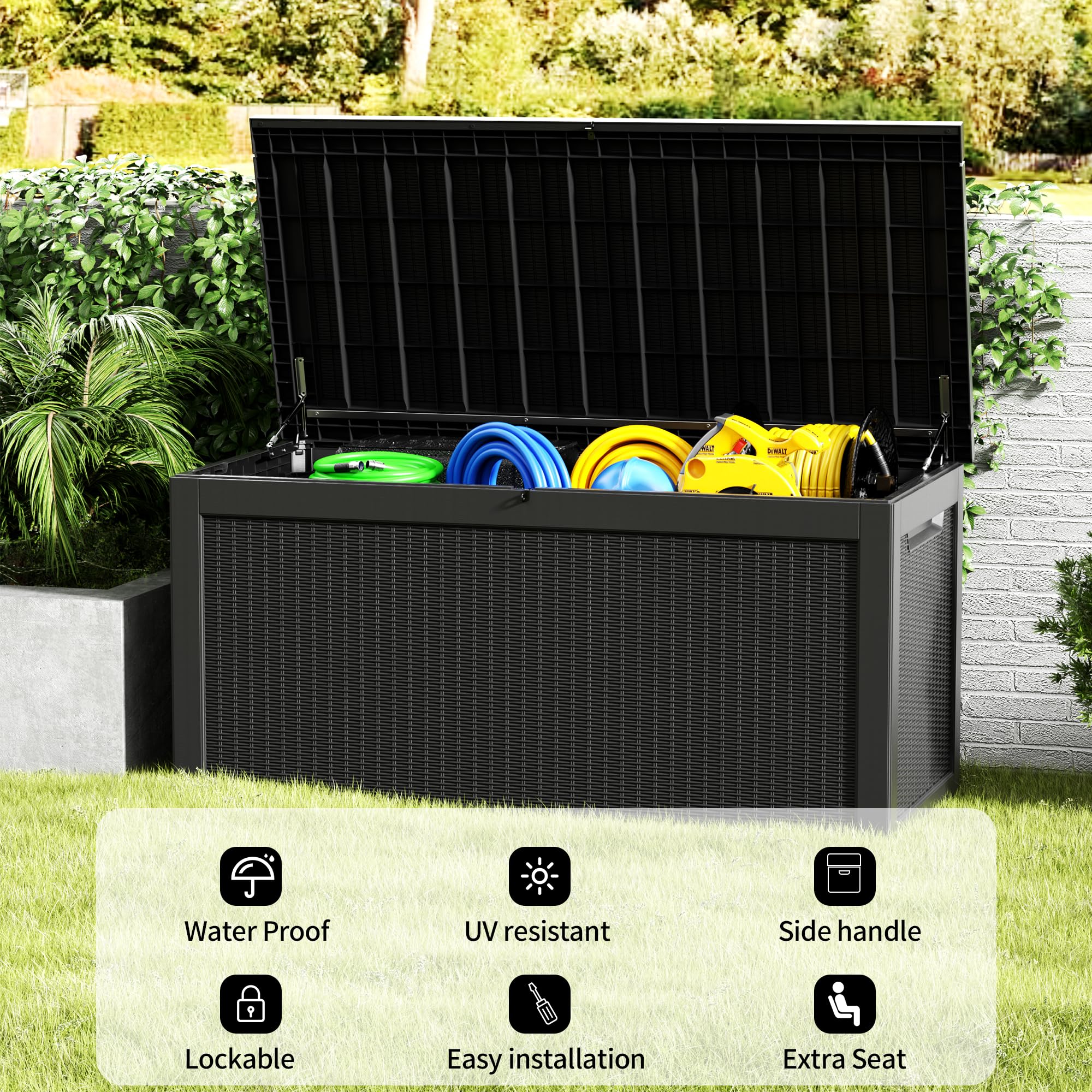 260 Gallon Lockable Resin Deck Box - Waterproof & UV-Resistant Outdoor Storage Container for Patio Cushions, Pool Toys, and Garden Tools | Durable Black Deck Box for Backyard, Poolside & Porch Organization
