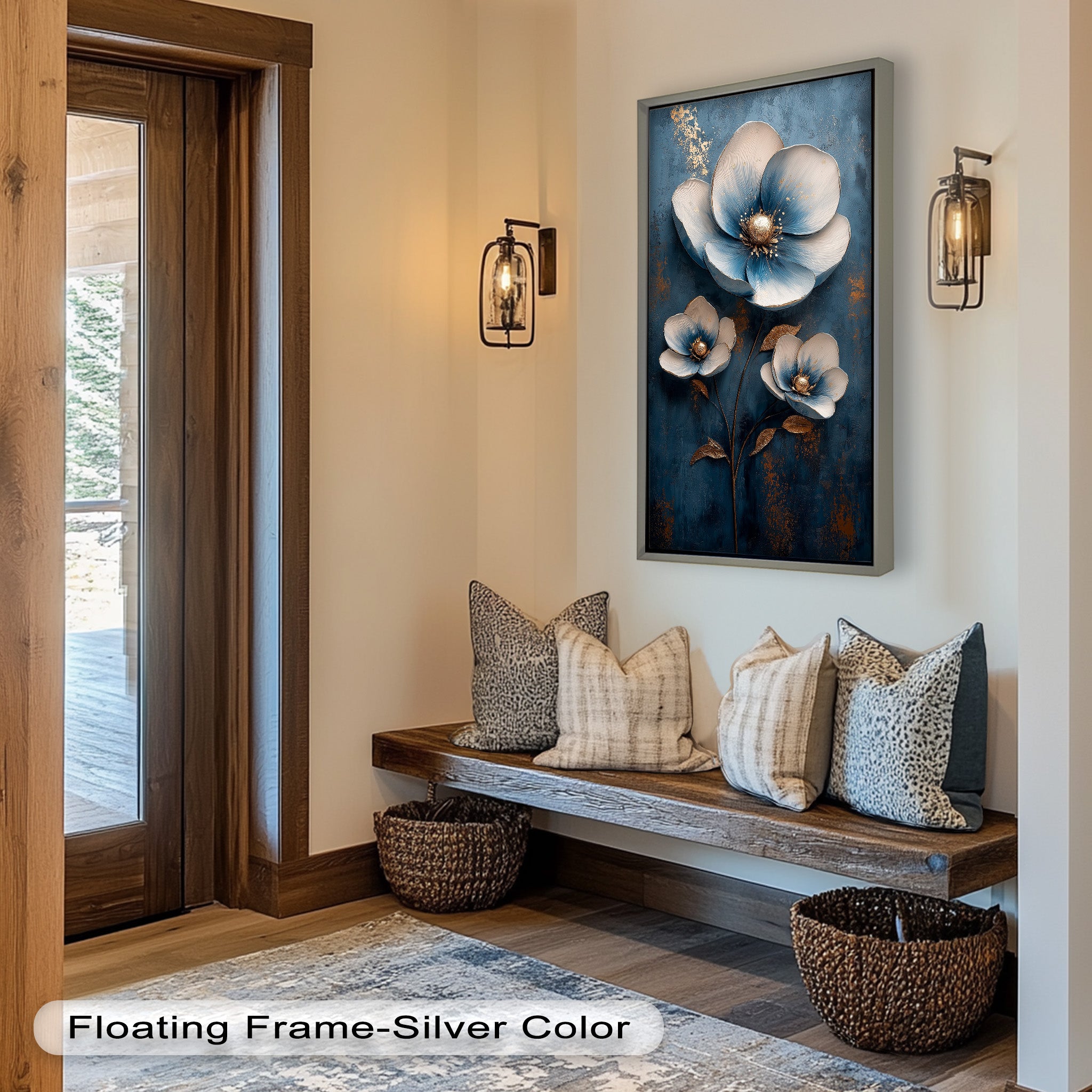 Blue and Gold Flower Modern Oil Painting - Handmade Canvas Wall Art for Living Room, Bedroom & Office Decor