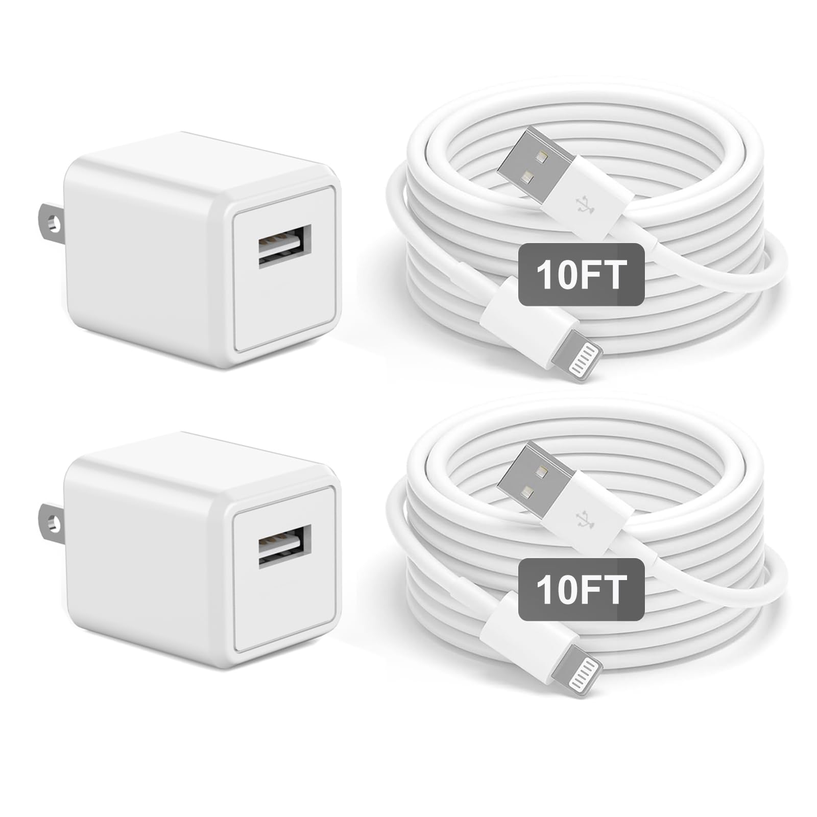 Apple MFi Certified iPhone Charger 2 Pack - 10ft Lightning Cable with USB Wall Charger Block, Fast Charging & Data Sync for iPhone 13/12/11 Pro/SE/XS/X/XR/8/7, iPad & AirPods - Perfect for Home, Office & Travel Use