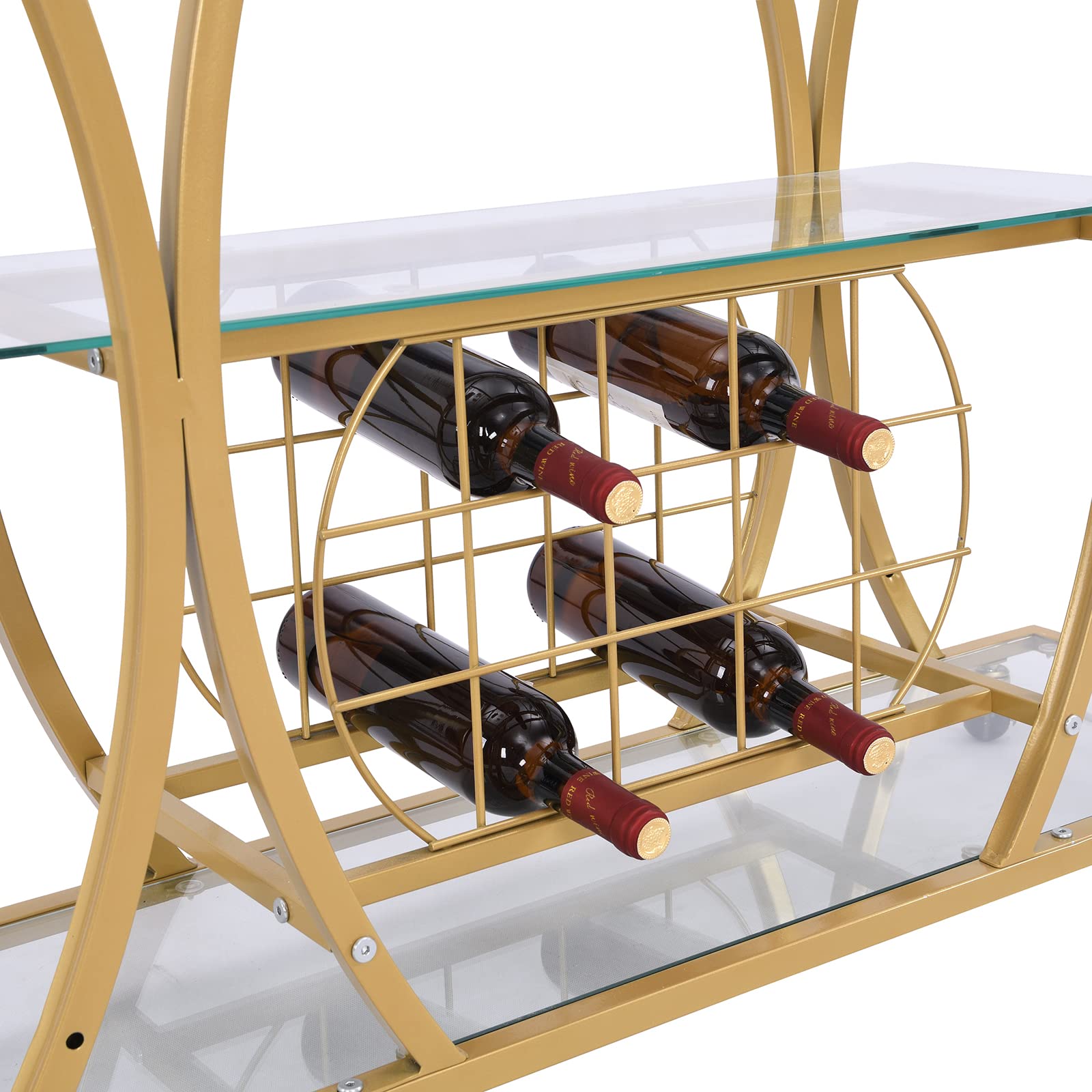 Yoluckea 3-Tier Glass Bar Cart with Wine Rack & Glass Holder - Tempered Glass Shelves, Lockable Wheels - Mobile Kitchen Storage for Wine, Cocktails & Entertaining - Perfect for Home Bars, Dining Rooms & Outdoor Parties