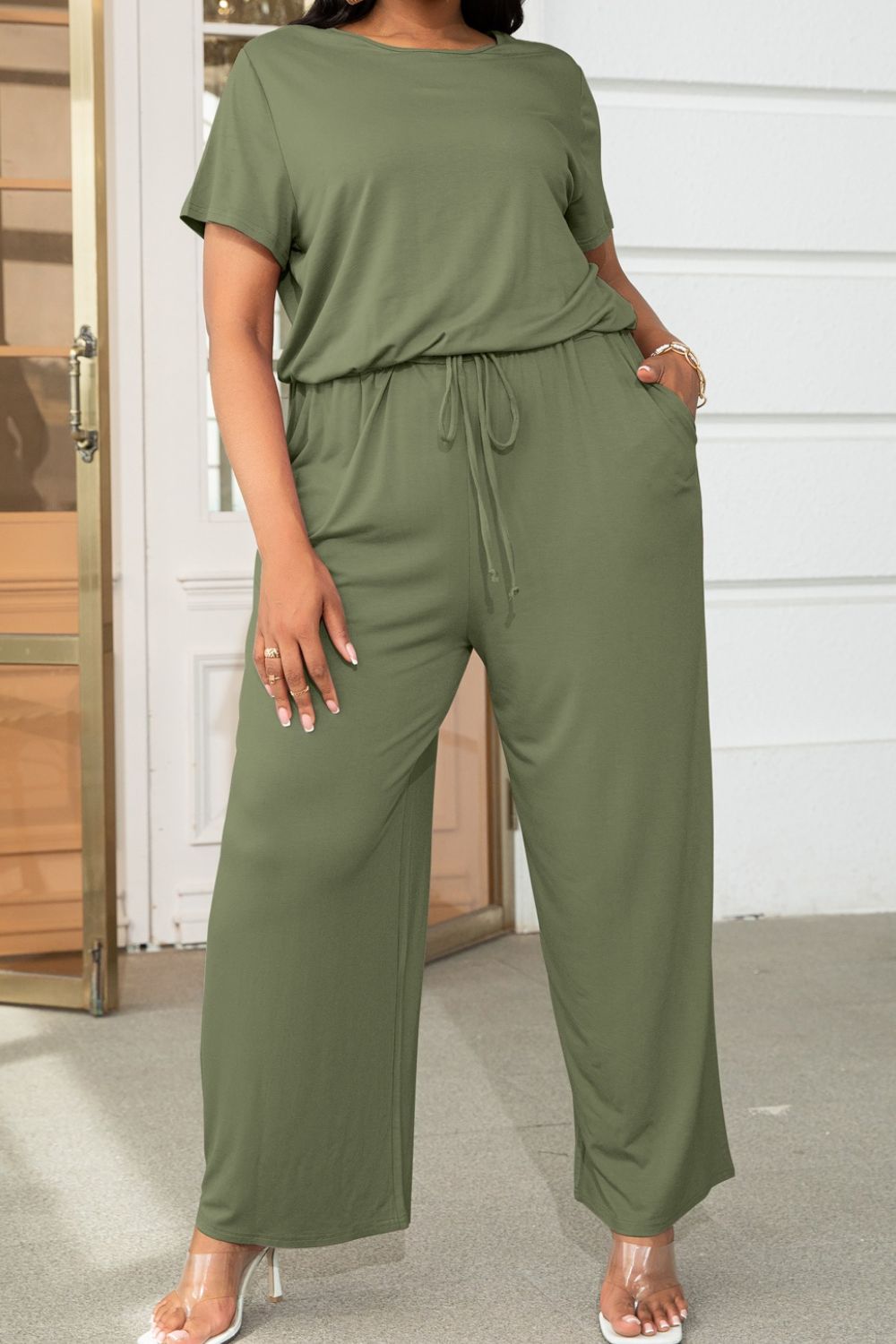 Plus Size Drawstring Waist Short Sleeve Jumpsuit for Women - Comfortable Casual Summer Romper with Pockets | Perfect for Beach, Vacation & Everyday Wear