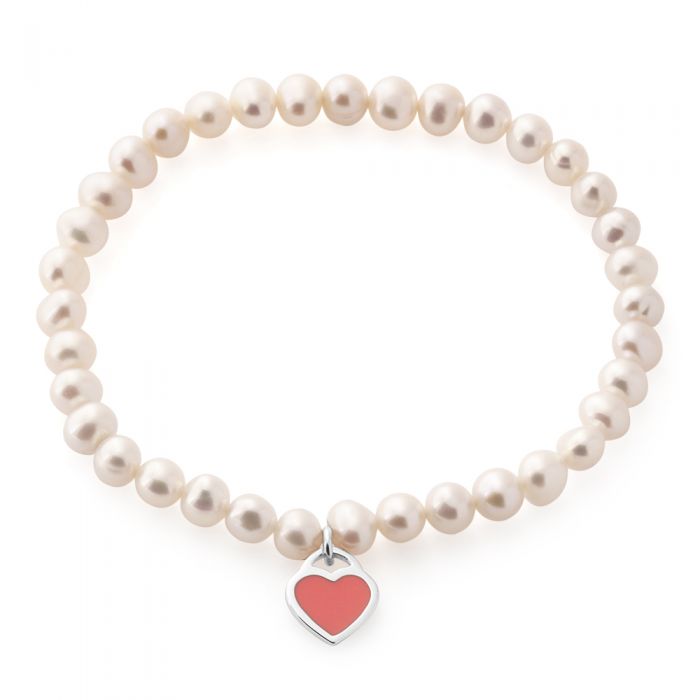 5.5mm White Freshwater Pearl Stretch Bracelet with Sterling Silver Pink Heart Charm - Elegant Jewelry for Women, Gift for Her, Perfect for Weddings, Parties & Everyday Wear