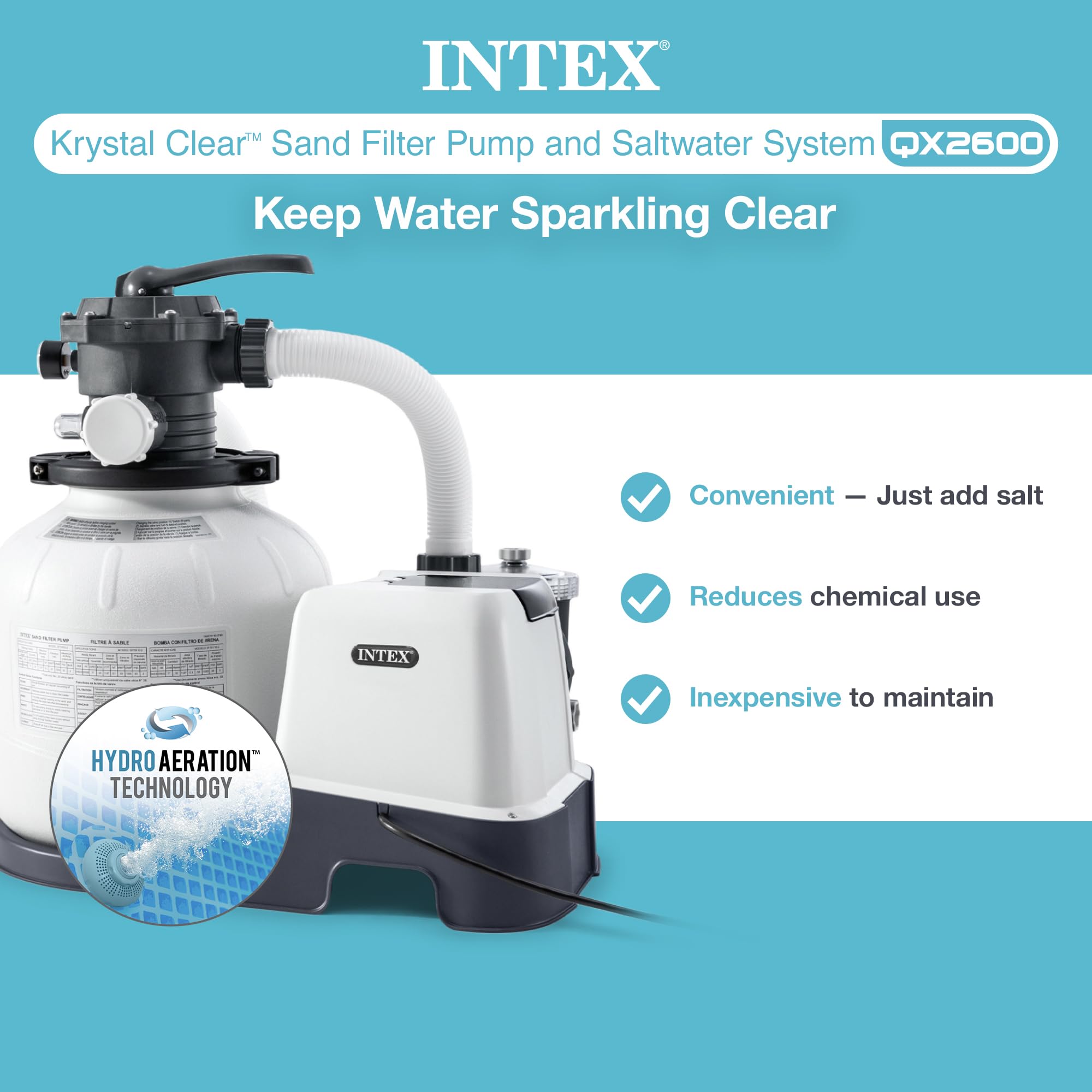 Intex Krystal Clear Sand Filter Pump & Saltwater System for Above-Ground Pools up to 15,000 Gallons - Automatic Algae Control, Pool Cleaning & Maintenance | Perfect for Backyard Swimming Pools, Summer Water Fun & Family Gatherings