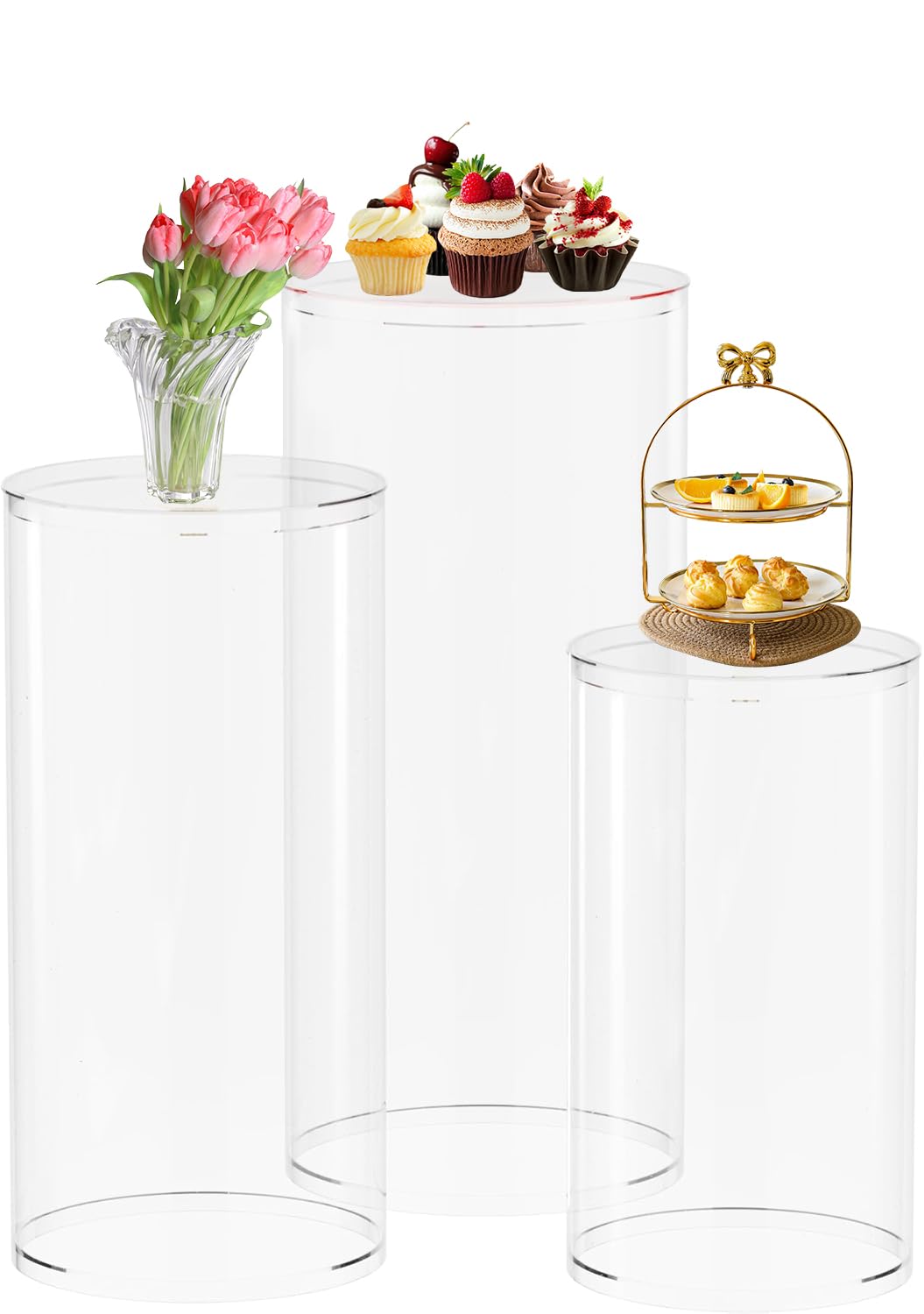 Maytopia 3-Piece Clear Cylinder Pedestal Stand Set - Round Acrylic Display Risers for Wedding Cakes, Bridal Showers, Birthday Parties & Home Decor | Perfect for Dessert Tables, Floral Arrangements & Event Centerpieces