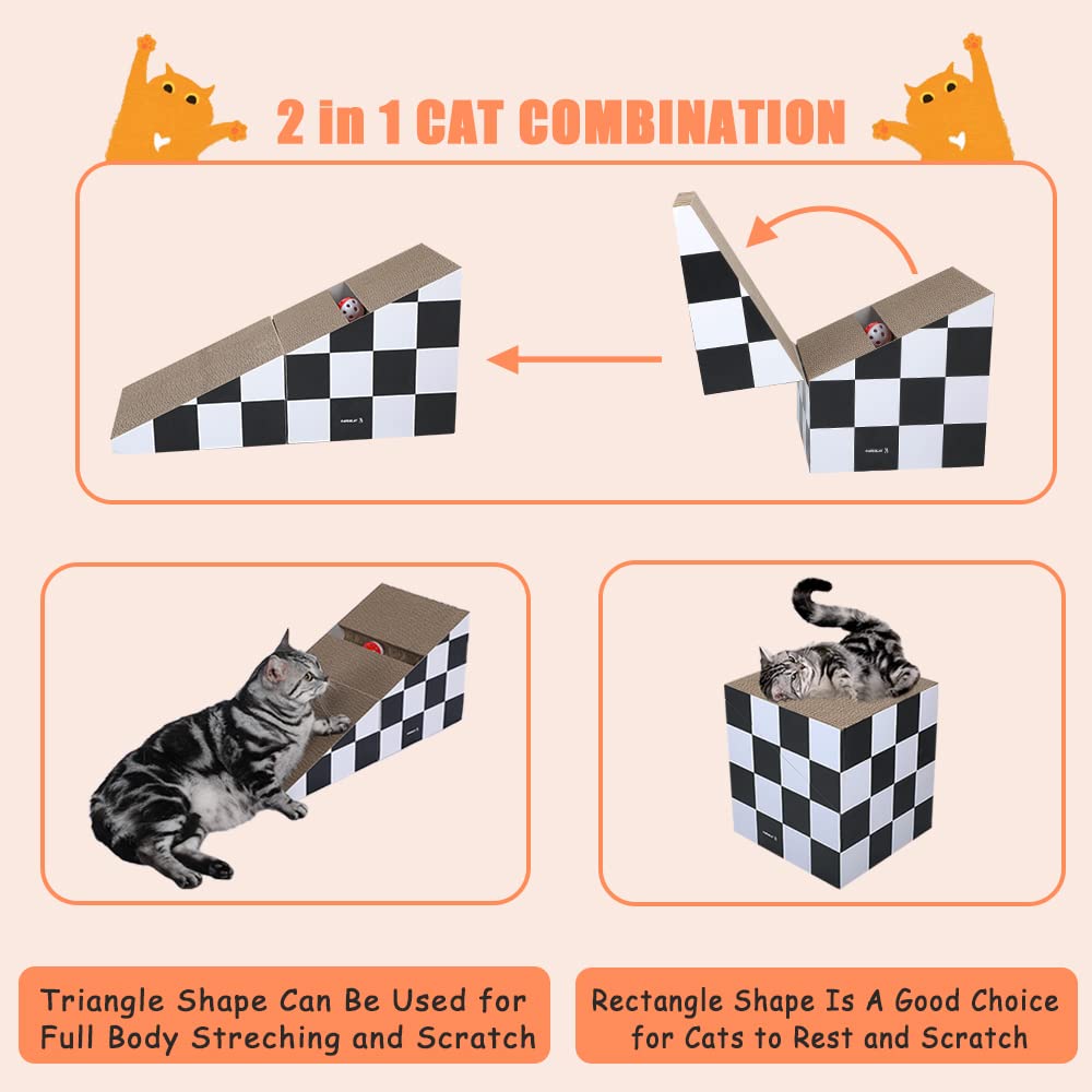 Premium Cat Scratching Board with Ball - 2-in-1 Triangle Scratching Lounge Bed for Kittens & Adult Cats | Multiple Scratching Angles, Durable Recyclable Cardboard | Furniture Protector (Black & White) - Perfect for Living Rooms, Bedrooms & Home Offices