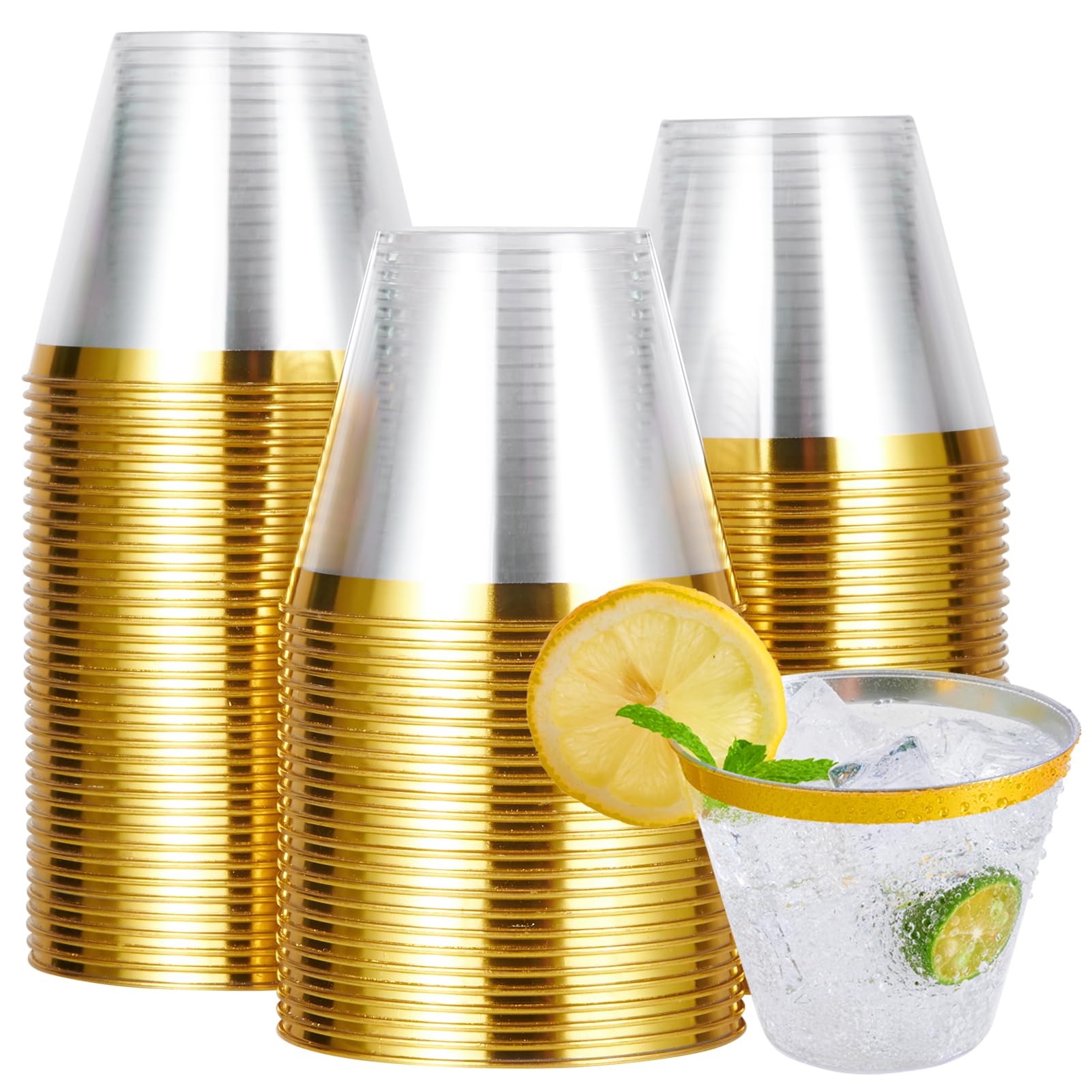 JOLLY CHEF 100 Pack 9 oz Gold Rim Plastic Cups - Clear Disposable Tumblers for Wedding, Christmas Party, Thanksgiving & Events - Elegant Drinking Glasses for Cocktails, Juice, Soda & Beverages