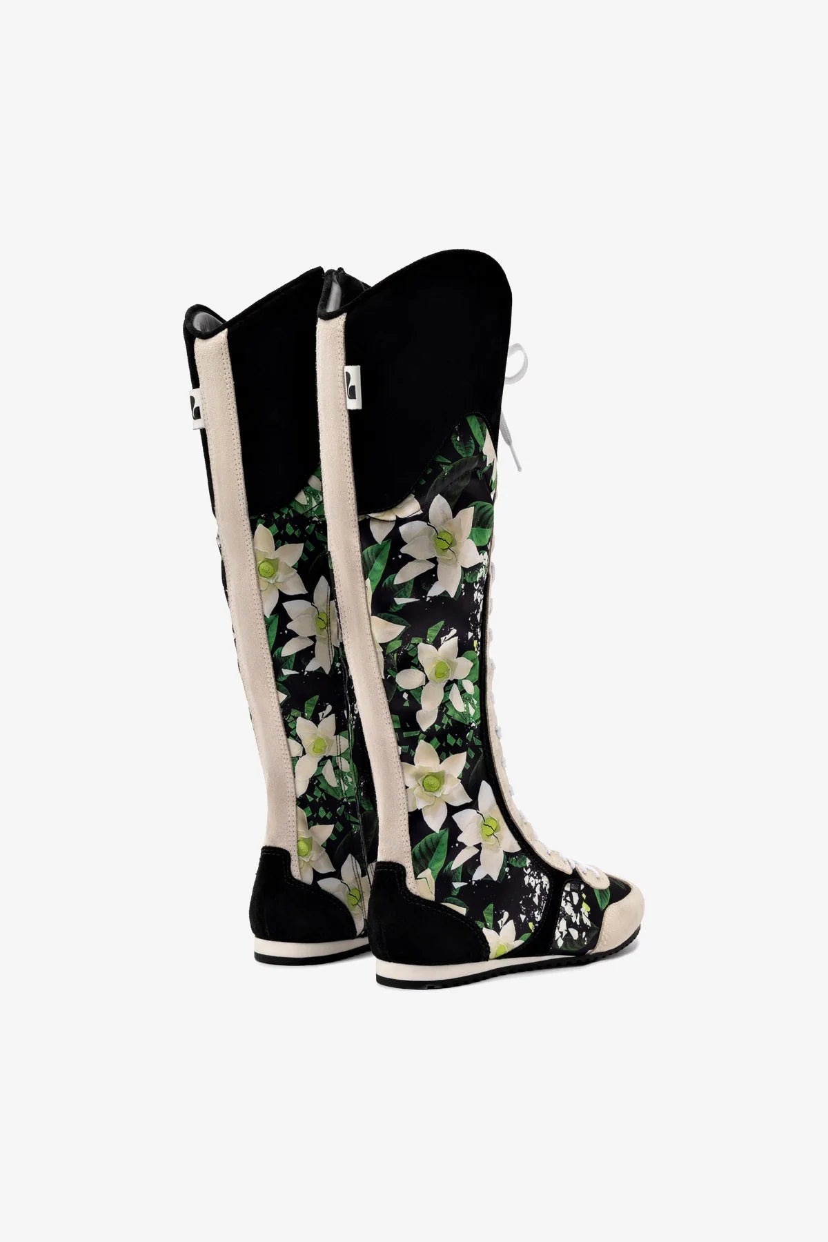 Larroudé x Jonathan Cohen Black Gardenias Satin & Suede Flat Hi Sneaker Boot - Stylish Women's Fashion Shoes for Casual Wear & Night Out