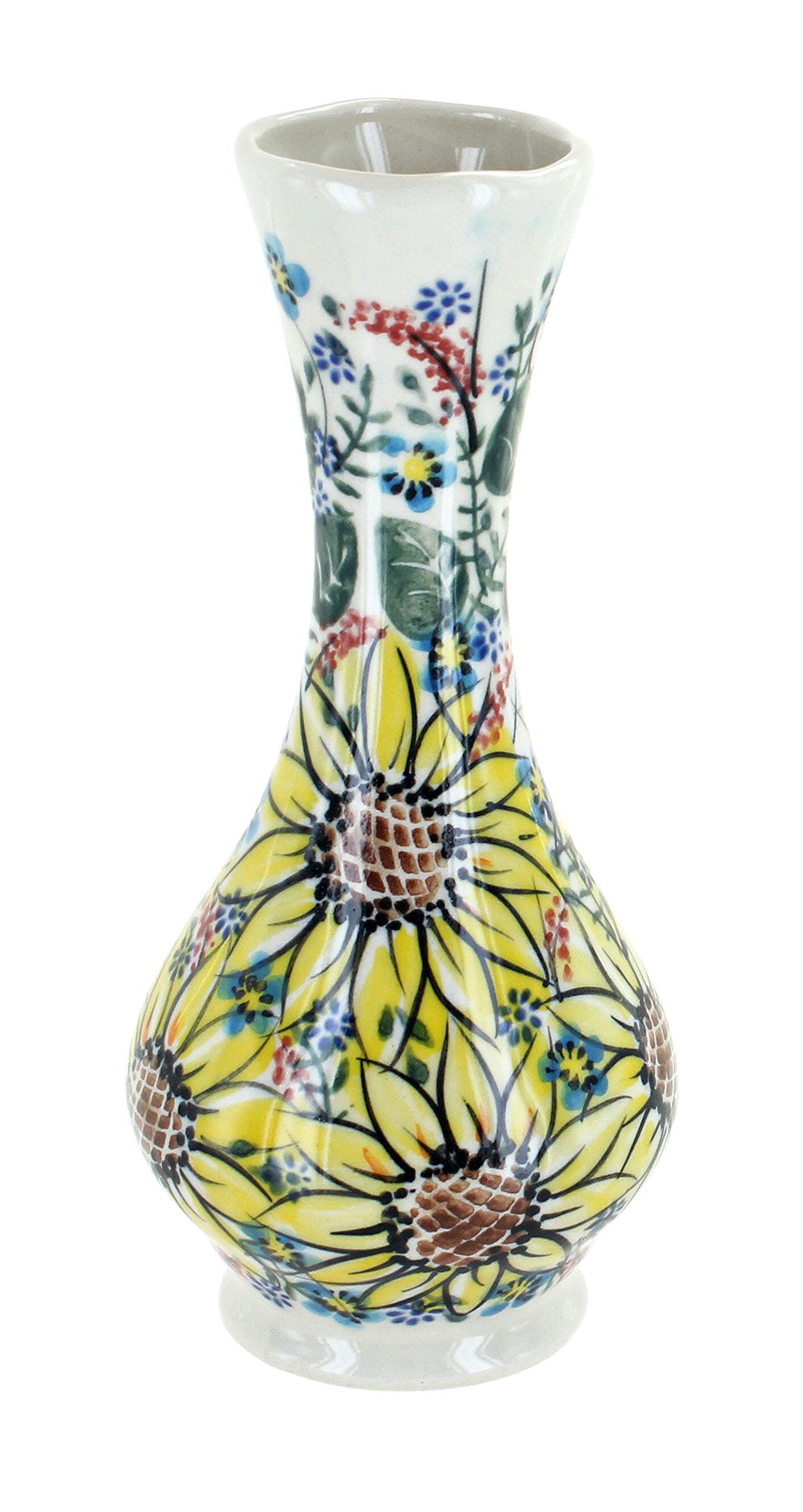 Handmade Blue Rose Polish Pottery Sunflower Maze Small Bud Vase - Perfect for Home Decor, Wedding Centerpieces & Gift Giving