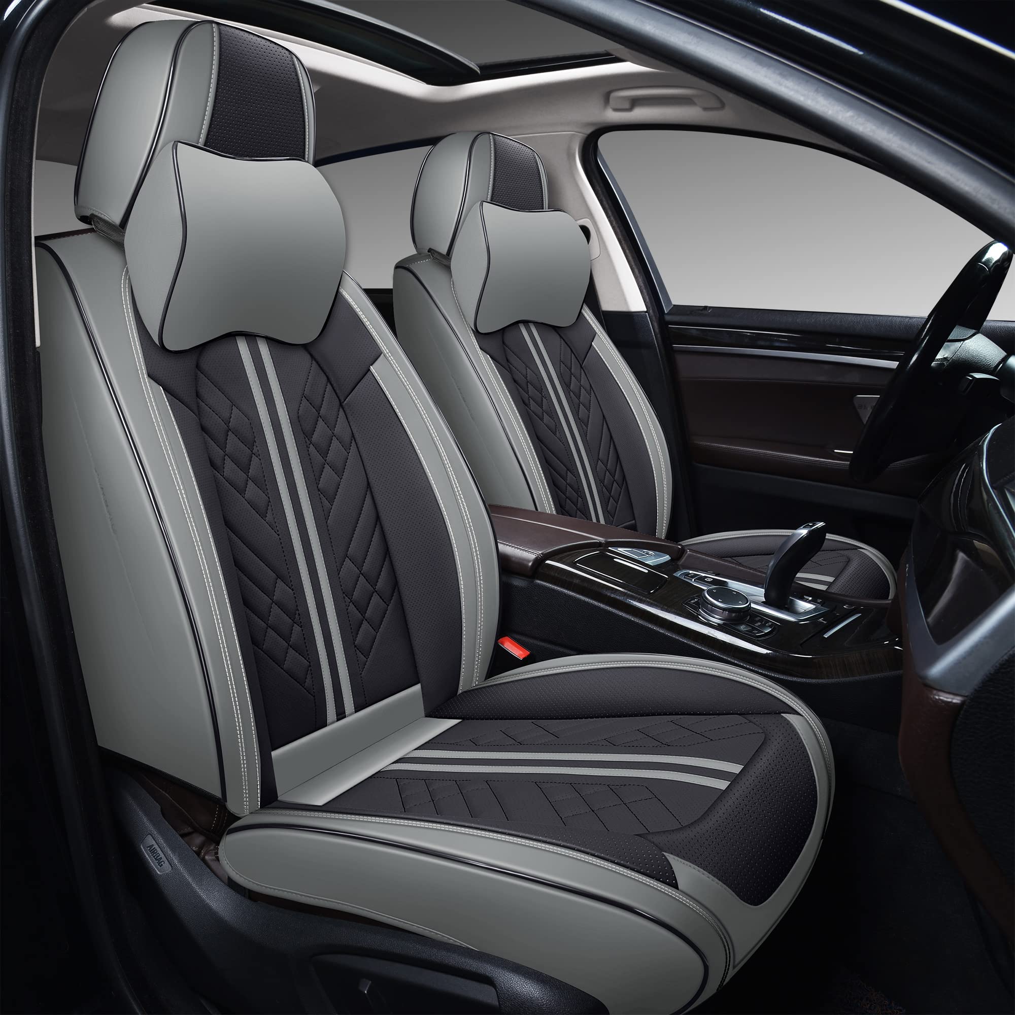 Premium GXT Deluxe Faux Leather Car Seat Covers - Universal Fit for Sedans, SUVs & Trucks - Anti-Slip Full Coverage with Headrests (Grey & Black) - Protect & Upgrade Your Vehicle Interior for Daily Commute & Road Trips