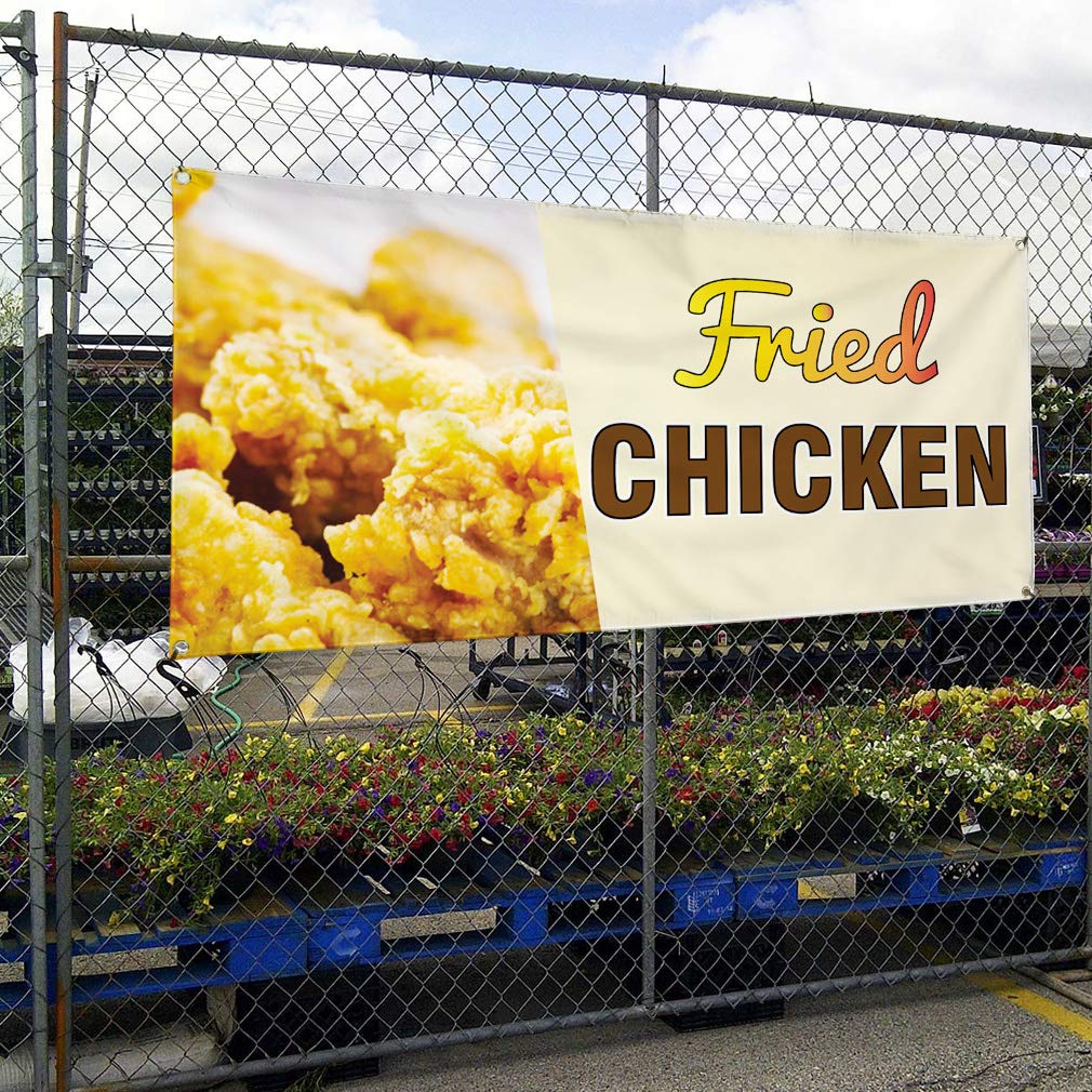 Custom Printed Vinyl Banners for Outdoor Advertising - Weatherproof Fried Chicken Restaurant Sign with 8 Grommets (48x96 Inches, Yellow) - Perfect for Food Trucks, Yard Sales & Business Promotion