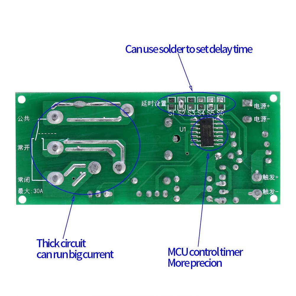 12V DC Adjustable Delay Timer Switch Module (0-60min) - 250VAC/30VDC 30A Optocoupler Relay for Home Automation, Industrial Control & DIY Projects