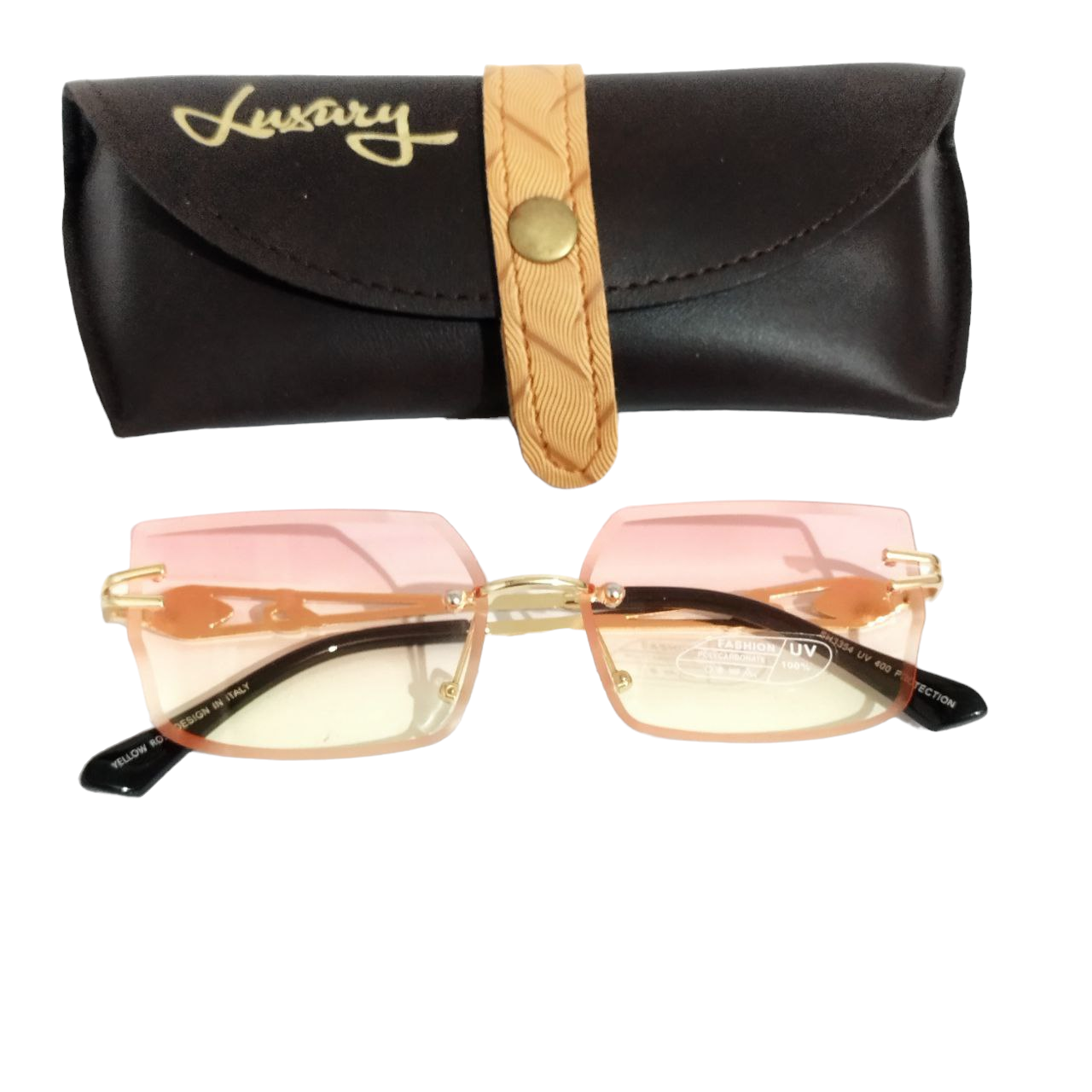 Stylish Pink & Yellow Rimless Sunglasses for Women - Trendy UV Protection Shades for Beach, Driving & Outdoor Fashion