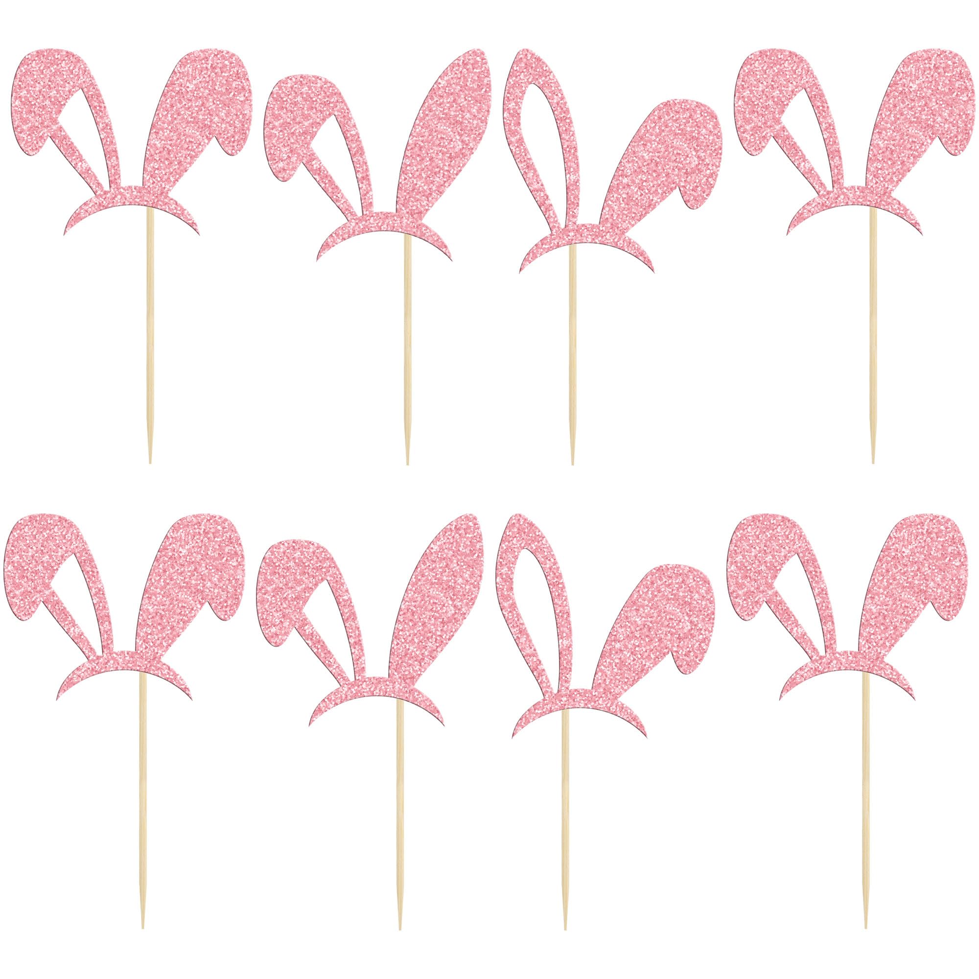 24 Pack Easter Bunny Ear Cupcake Toppers - Pink Glitter Rabbit Cake Decorations for Easter, Spring Birthday & Baby Shower Party Supplies | DIY Dessert Decor, Holiday Baking, Themed Celebrations