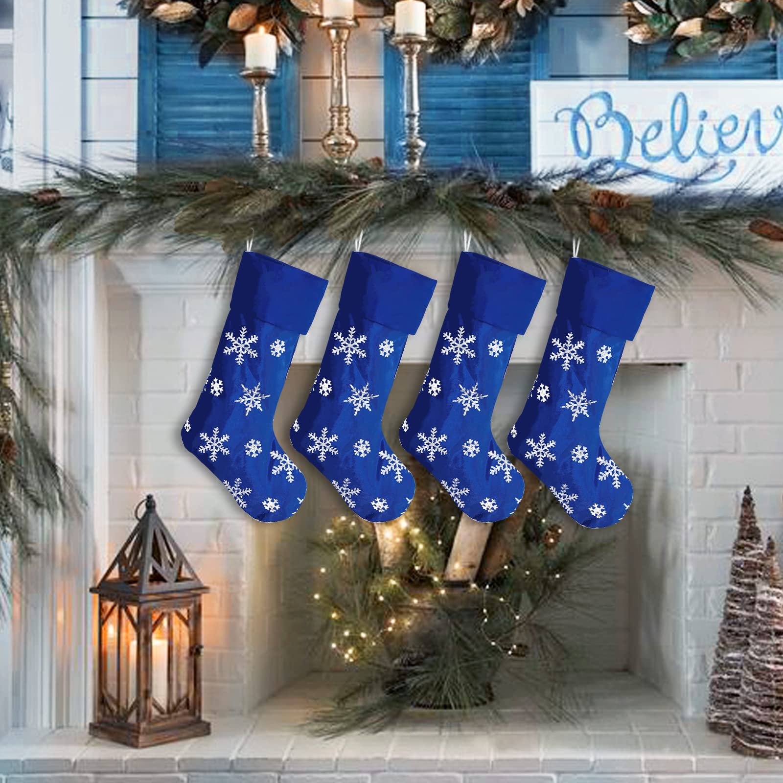4-Pack 18 Inch Blue Mercerized Velvet Christmas Stockings with Silver Sequin Snowflake Design - Holiday Decor for Family, Xmas Party & Fireplace Mantel Decorations