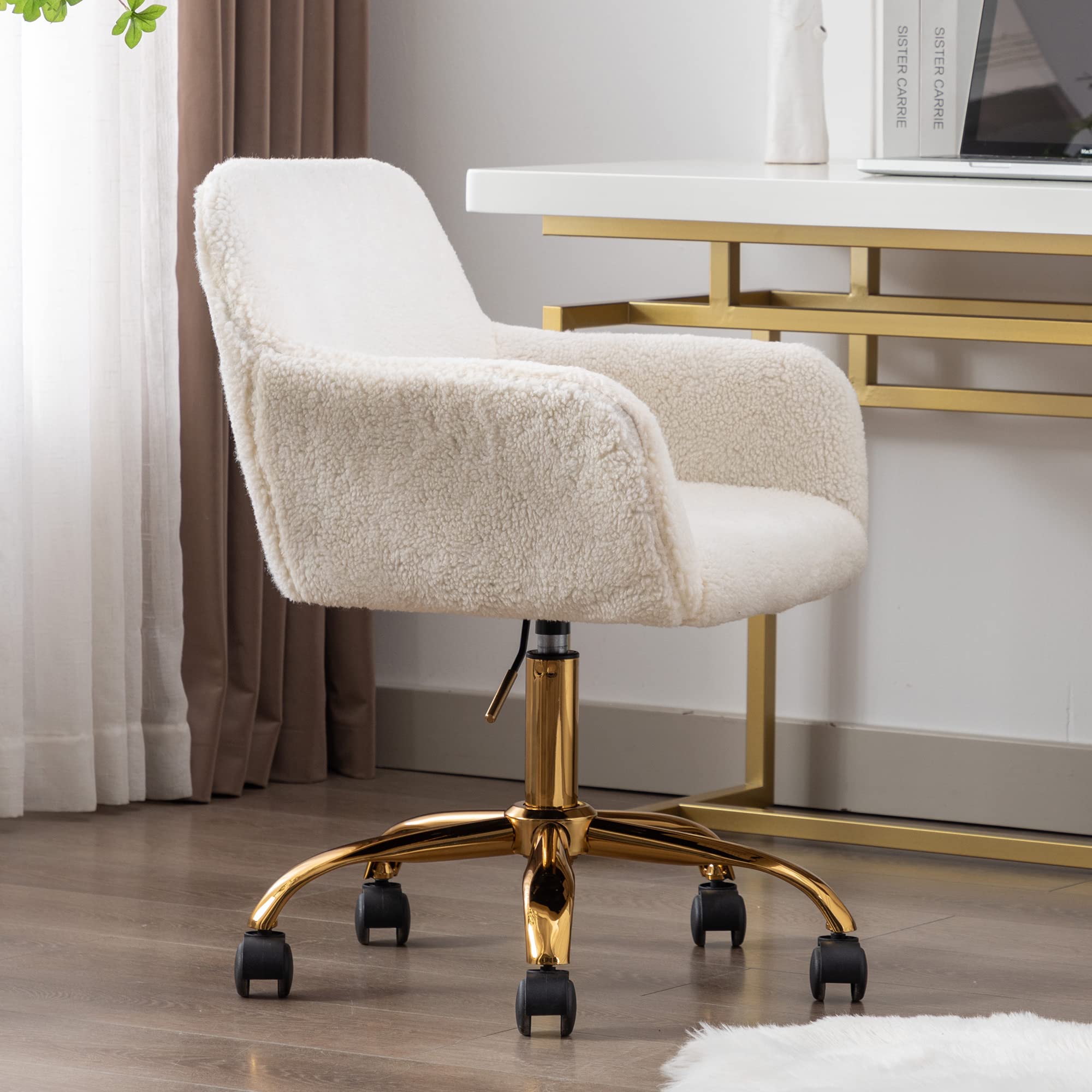 KCC Faux Fur Office Desk Chair - Soft Swivel Armchair with Wheels, Adjustable Height Upholstered Fuzzy Vanity Chair in White | Perfect for Home Office, Gaming Setup & Makeup Vanity