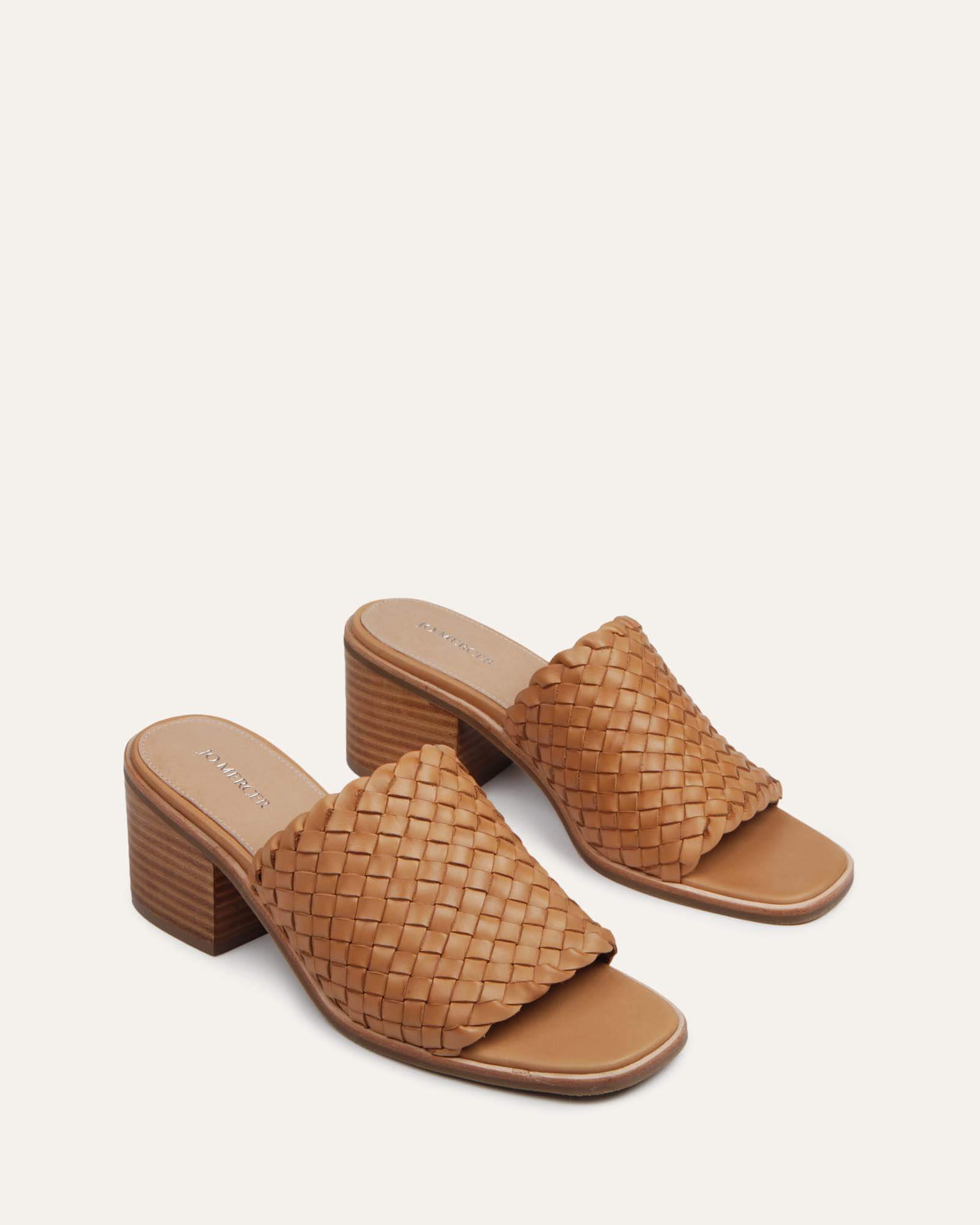WHALER Women's Mid Heel Sandals - Genuine Tan Leather Comfortable Summer Dress Shoes for Beach, Wedding & Casual Outings