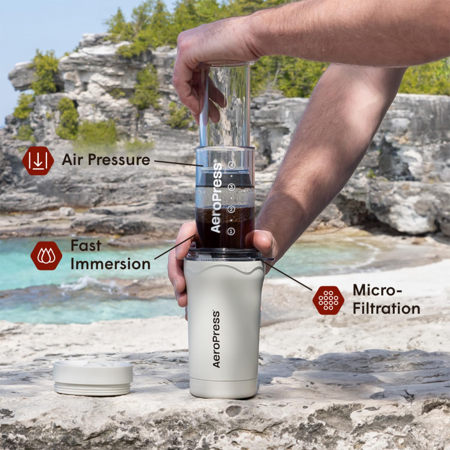 AeroPress Go Plus Portable Travel Coffee Maker - 3-in-1 French Press, Pour Over & Espresso Brewer for Camping & Outdoor Use - Bitter-Free Full-Bodied Coffee Kit with Cream (Ideal for Backpacking, Road Trips & Office Use)