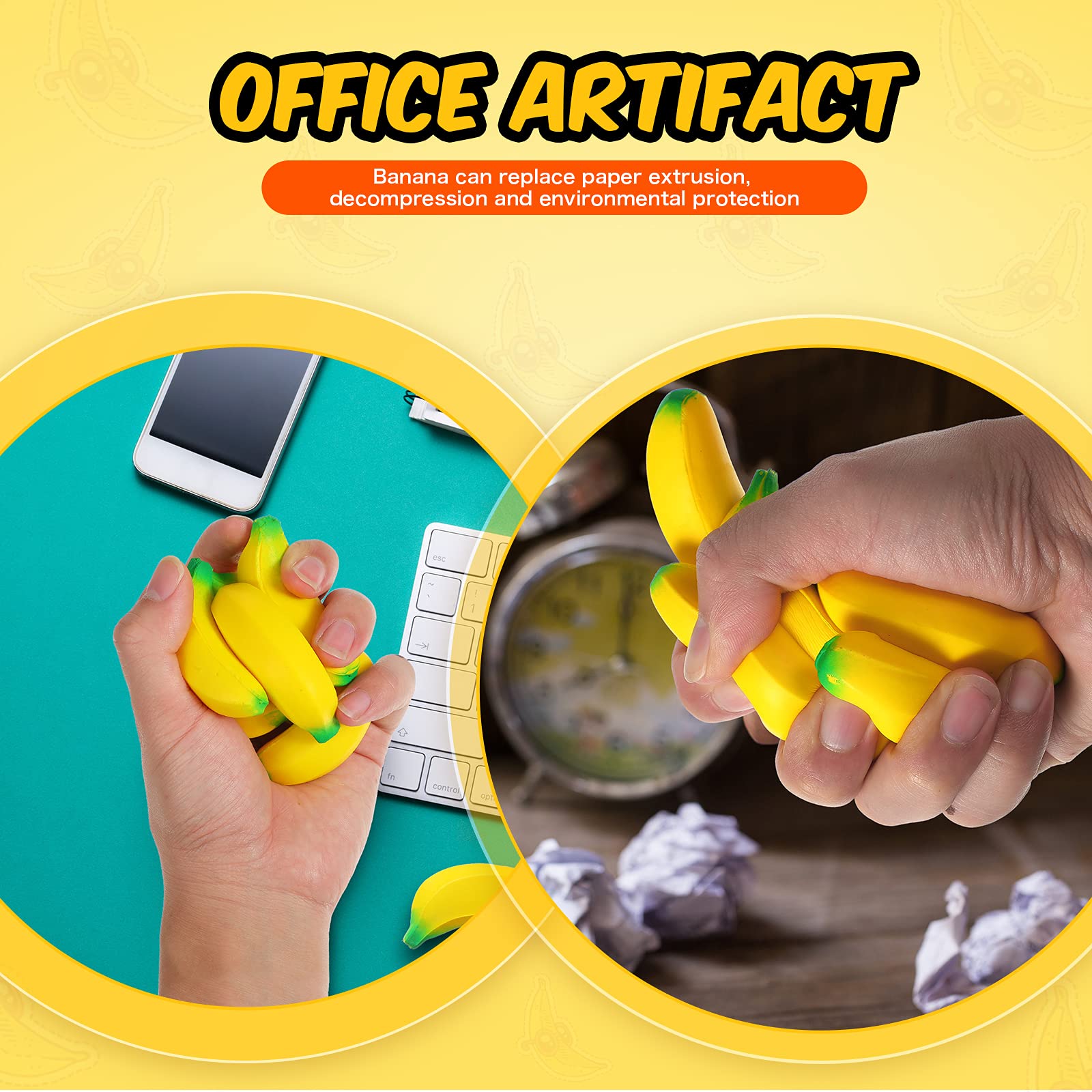 Kasyat 15 Pcs Stretchy Banana Stress Relief Toys - PU Squeeze Balls for Anxiety & Stress Relief (2.36 Inch) - Perfect for Office Desk, Party Favors & Classroom Rewards