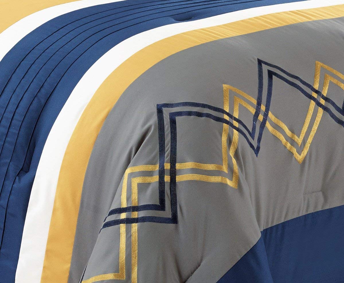 Chezmoi Collection Arden 7-Piece Modern Pleated Stripe Embroidered Zigzag Bedding Comforter Set - California King Size, Navy Gray Yellow White - Luxury Bedroom Decor for Guest Rooms & Master Suites
