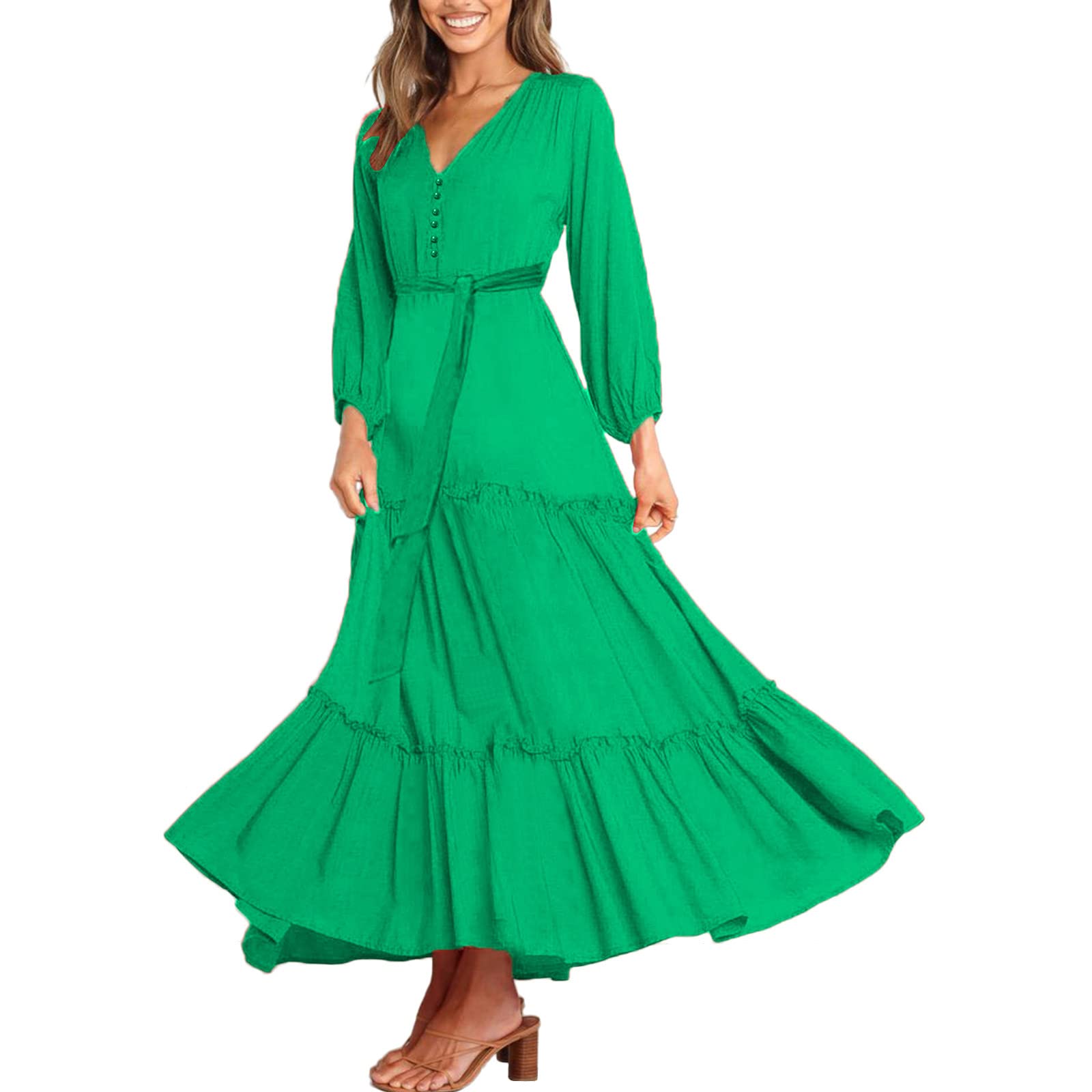 Women's Casual V-Neck Button Down Long Sleeve Maxi Dress for Spring - Beach Holiday Outfit, Summer Vacation Wear, Boho Chic Everyday Dress