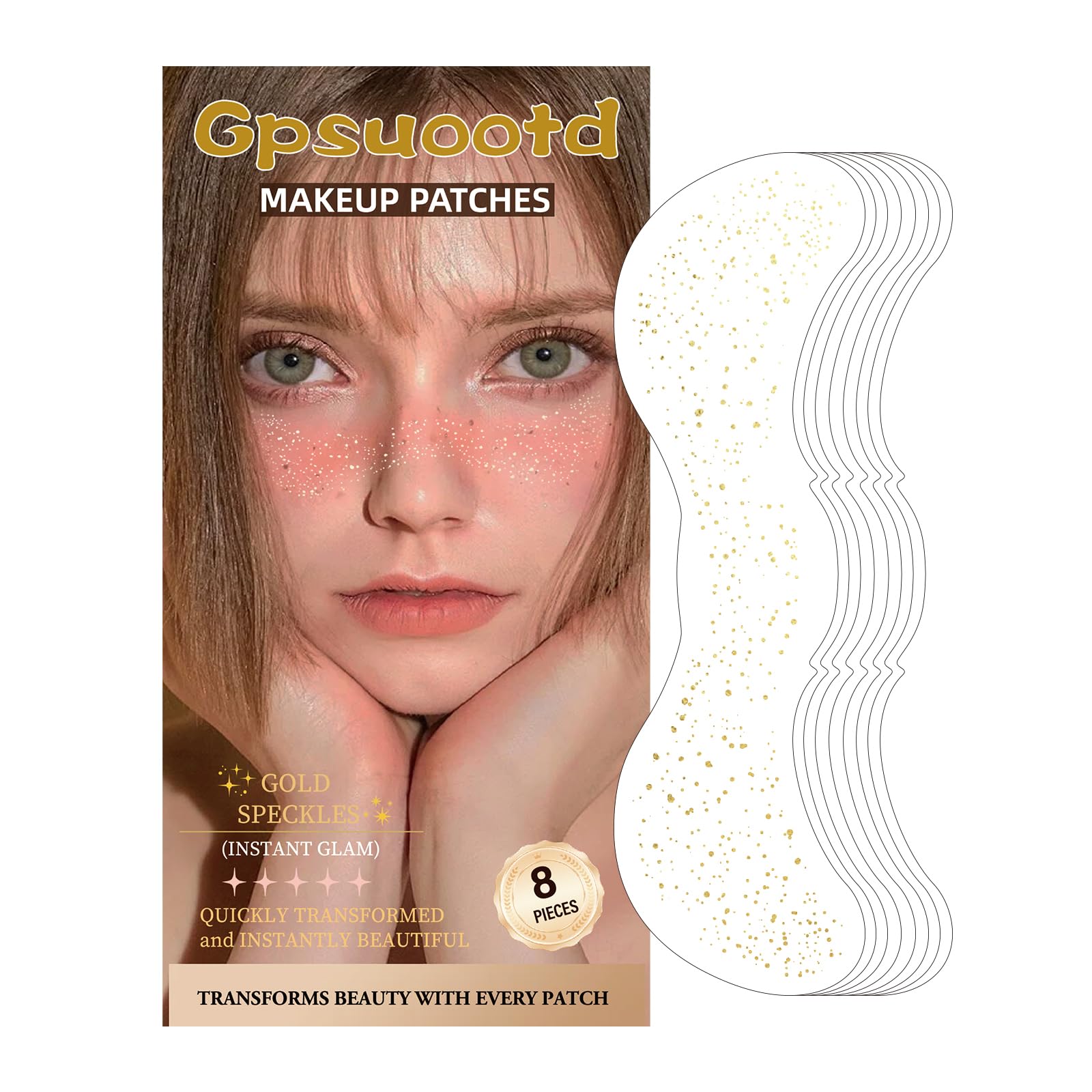 8PCS Gold Sparkle Freckles Stickers - Glitter Face Tattoo Patches for Cheek & Nose Makeup - Perfect for Festivals, Halloween, Cosplay & Photo Shoots
