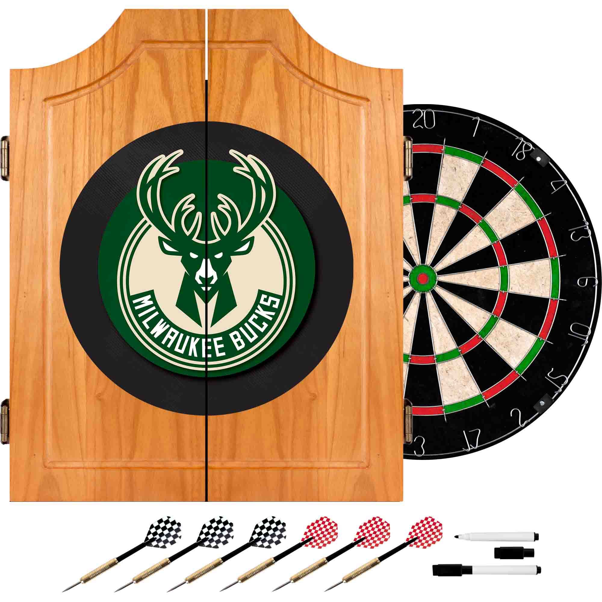 Milwaukee Bucks NBA Wooden Dartboard Cabinet Set - Official Licensed Basketball Game Room Decor for Sports Fans & Man Cave