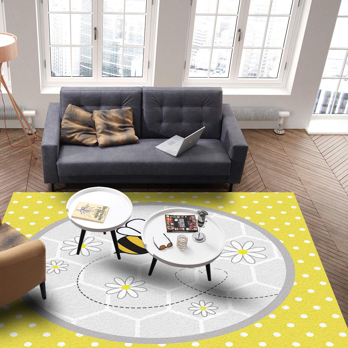 5'x8' Bee and Daisy Area Runner Rug - Washable Indoor/Outdoor Carpet for Kitchen, Living Room, Bathroom, Bedroom, Classroom & Laundry Room - Yellow Polka Dot Grey Honeycomb Welcome Mat for Entryway, Office Desk & Front Door Decor