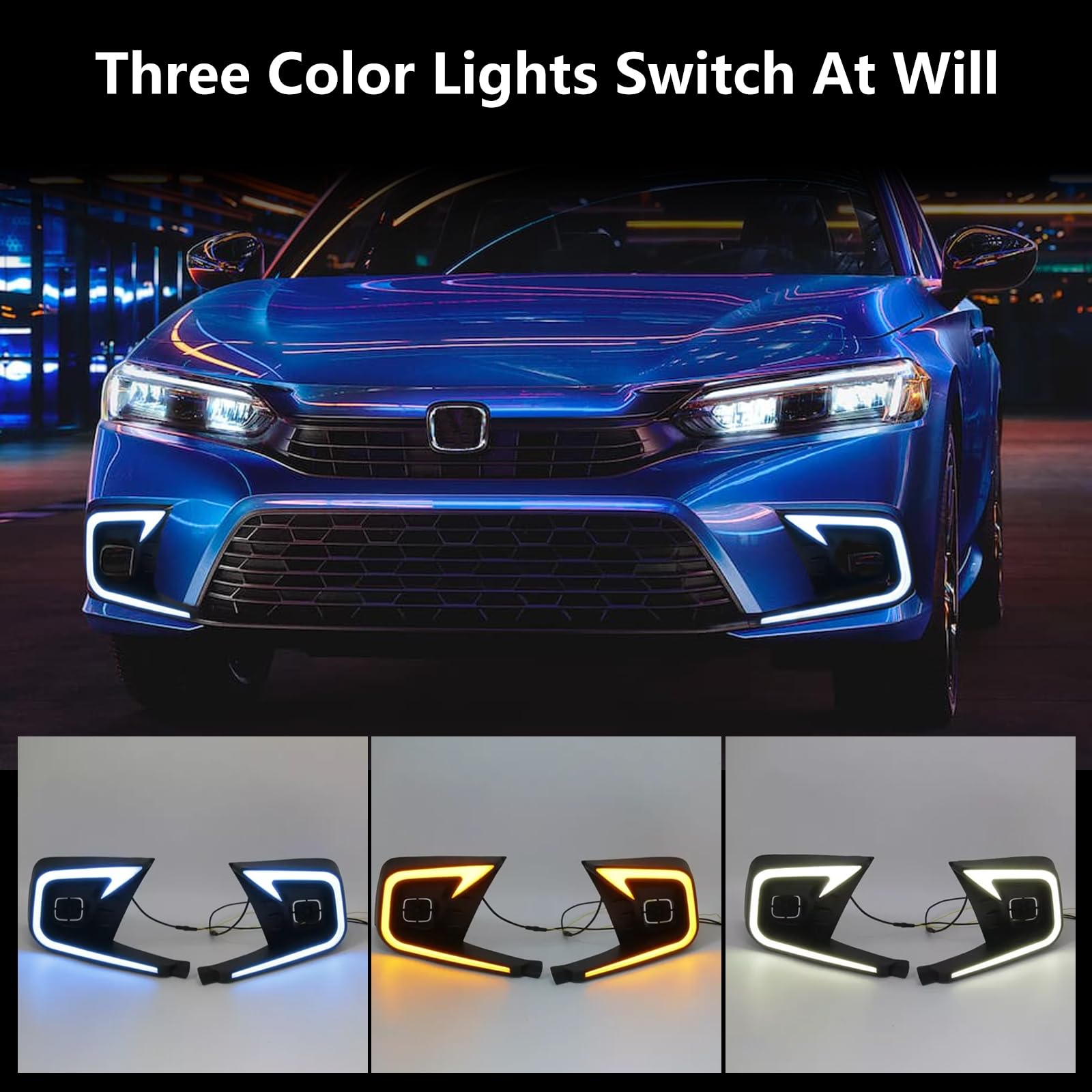 High-Performance LED Fog Lights & DRL Kit - White Daytime Running Lights, Amber Turn Signals, Blue Low Beam - Perfect Fit for 2021-2024 Honda Civic 11th Gen - Enhance Visibility for Night Driving & Bad Weather Conditions