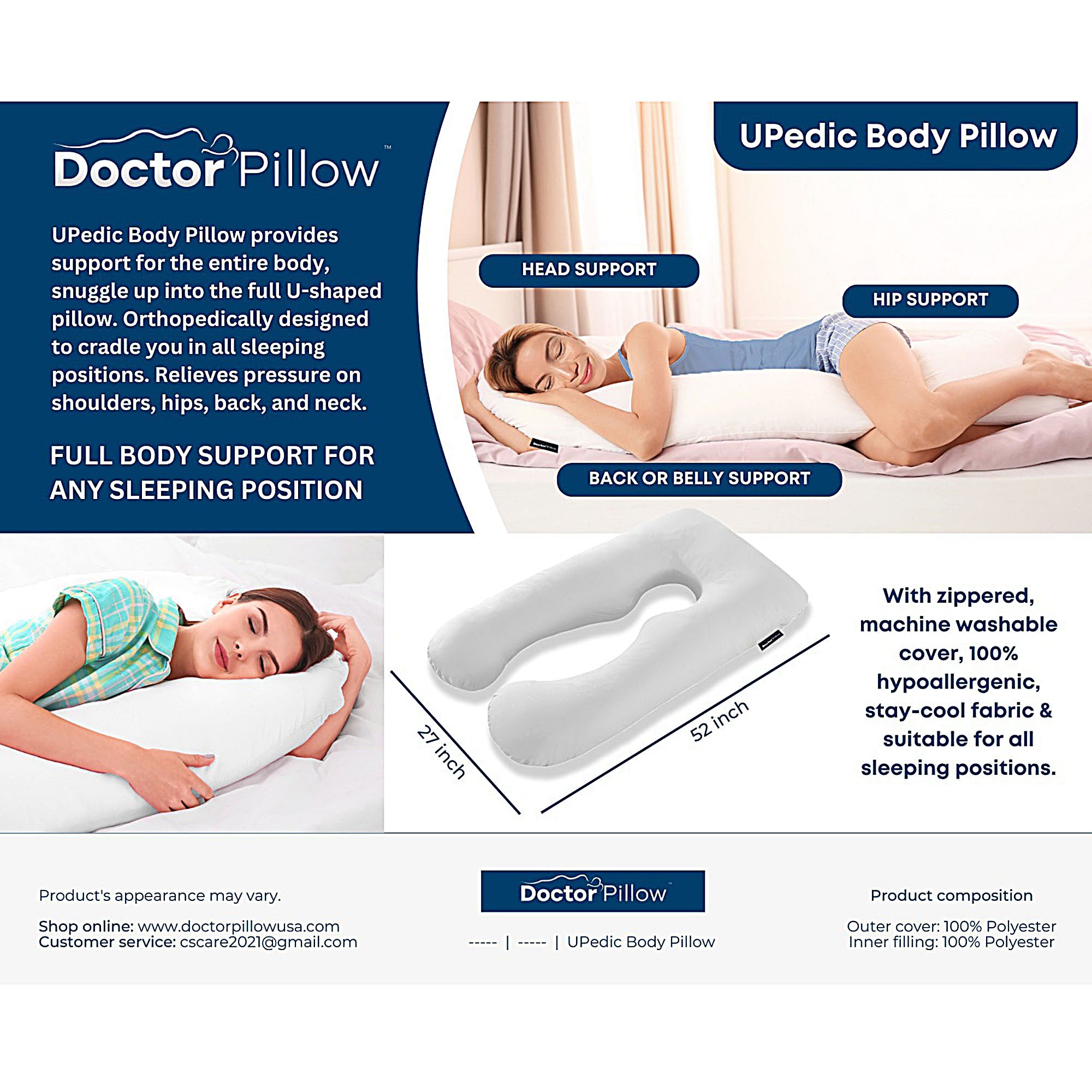 Upedic Pregnancy Pillow for Side Sleepers - Full Body Maternity Support Pillow for Pregnant Women - Comfortable C-Shaped Pregnancy Pillow for Back, Hips & Belly Support - Perfect for Sleeping, Nursing & Relaxing