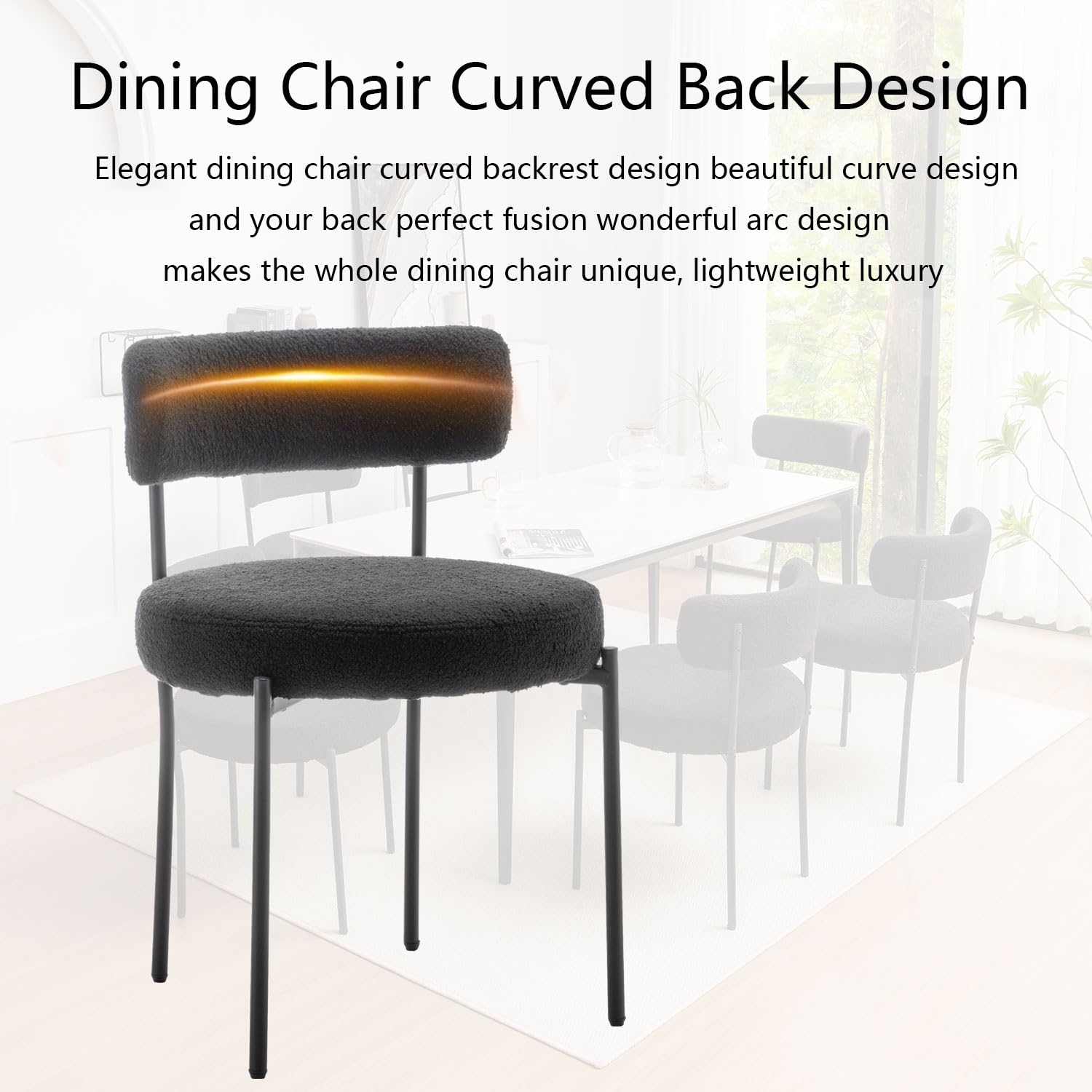 Boucle Dining Chairs Set of 4 - Round Upholstered Modern Chairs with Black Metal Legs for Dining Room, Kitchen, Living Room, Office, and Small Spaces (Black)