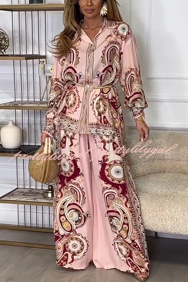 Stylish Print Lapel Long Sleeve Tie Waist Blouse & Elastic Waist Pocket Wide Leg Pants Outfit Set | Women's Fashion Two-Piece Ensemble for Office, Casual Wear & Special Occasions