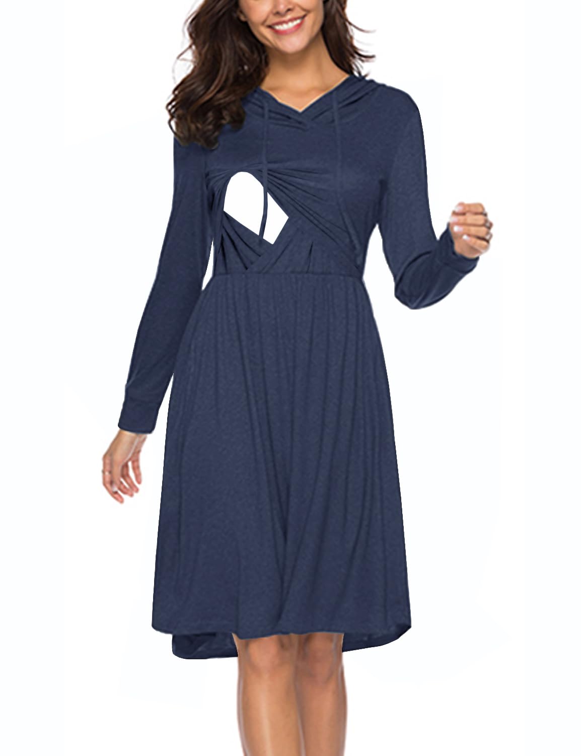 Women's Long Sleeve Pleated Swing Midi Nursing Dress with Hood - Comfortable Maternity & Nursing Dress for Breastfeeding - Perfect for Casual Outings, Baby Showers & Everyday Wear