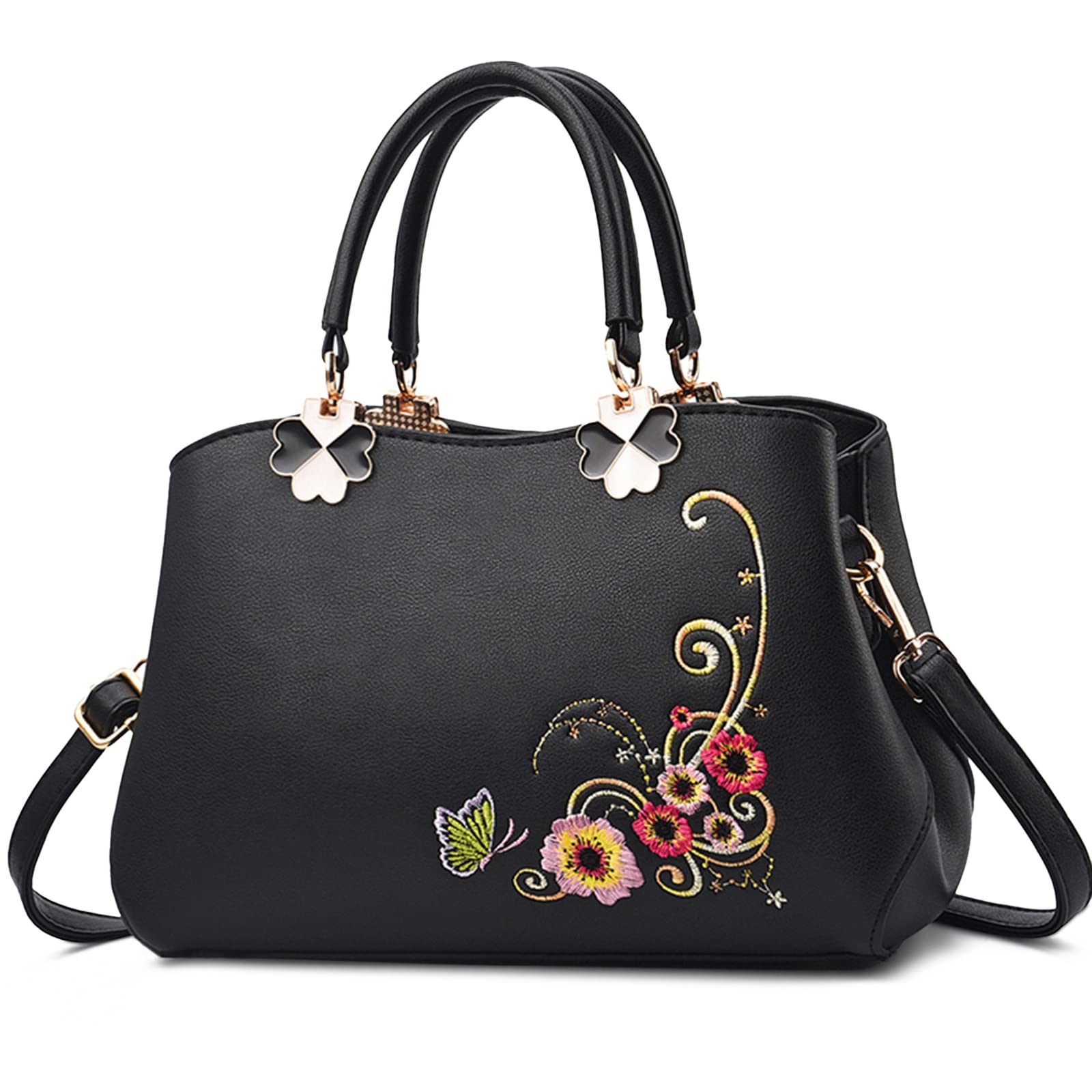 Elegant Women's Handbag - Top Handle Embroidery Shoulder Bag Crossbody Purse for Work, Travel & Shopping - PU Leather Black (Perfect for Office, Parties & Daily Use)