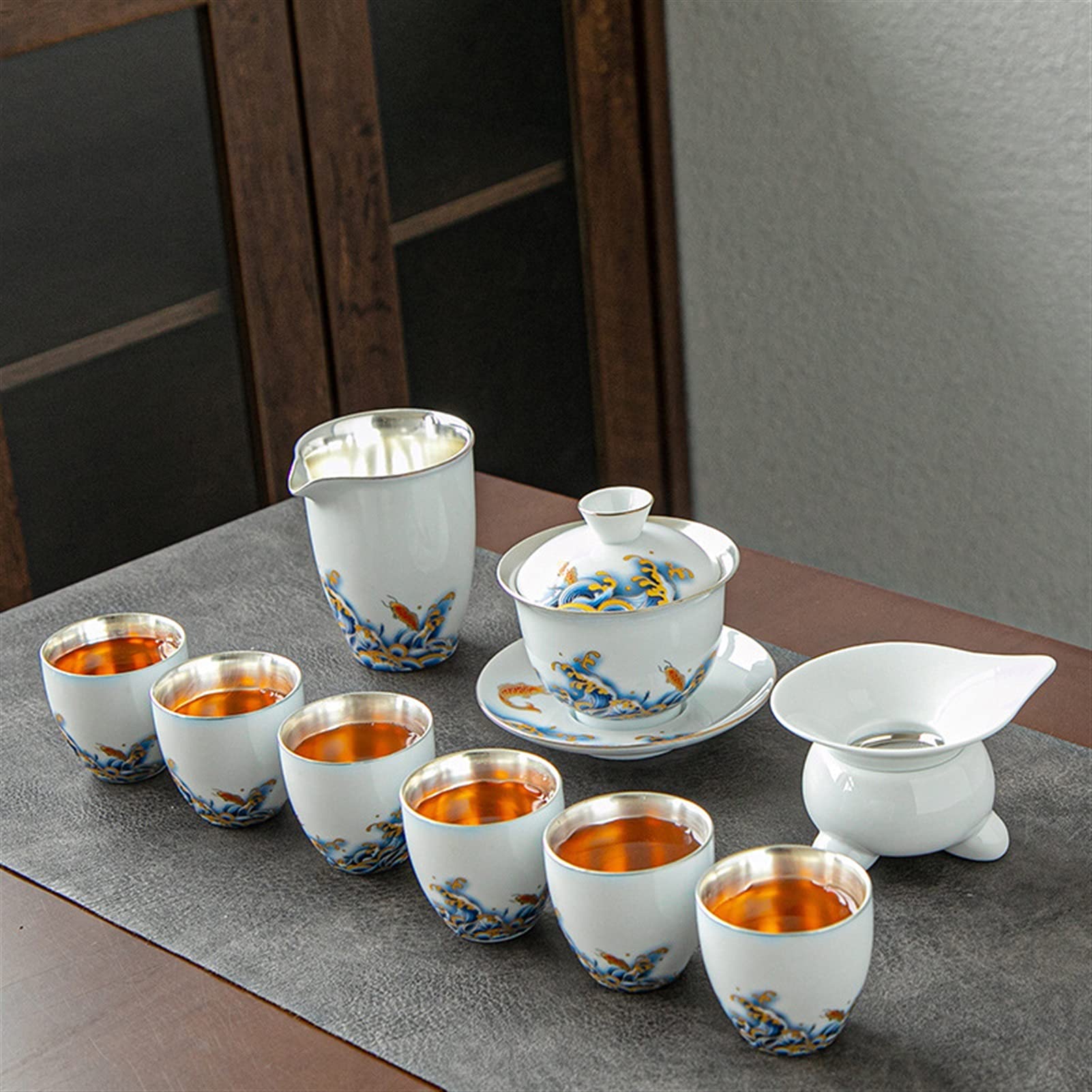 Premium Chinese Ceramic Kung Fu Tea Set - 10 Pcs Porcelain Teapot & Cups with Sliver Accents (White) | Traditional Tea Ceremony Gift Set for Home, Office & Travel | Complete Tea Brewing Accessories