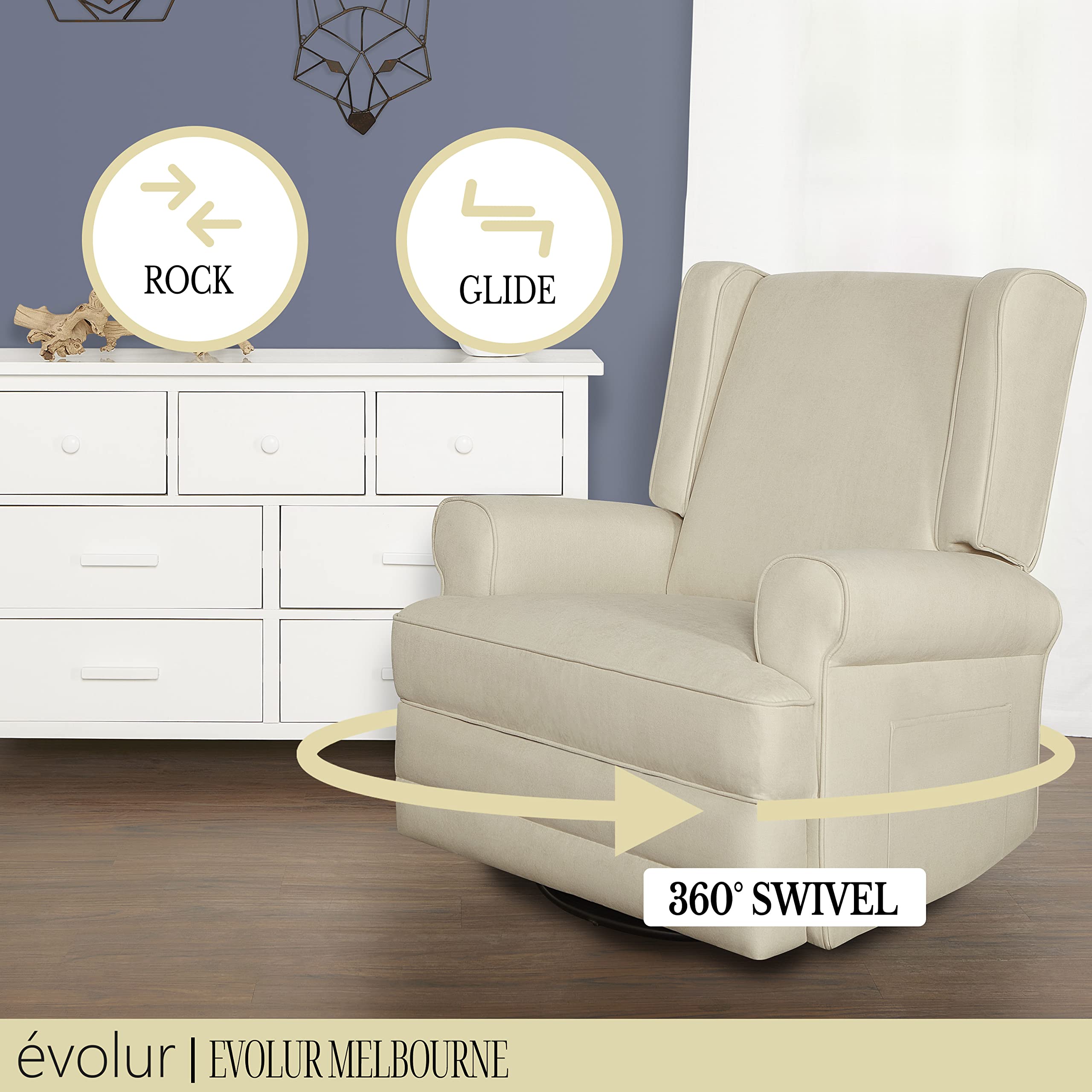 Melbourne Upholstered Swivel Glider Chair - Modern Nursery Recliner with Bonus Pillow | Greenguard Gold Certified | Easy to Clean & Tool-Free Assembly | Perfect for Nursery, Bedroom & Breastfeeding