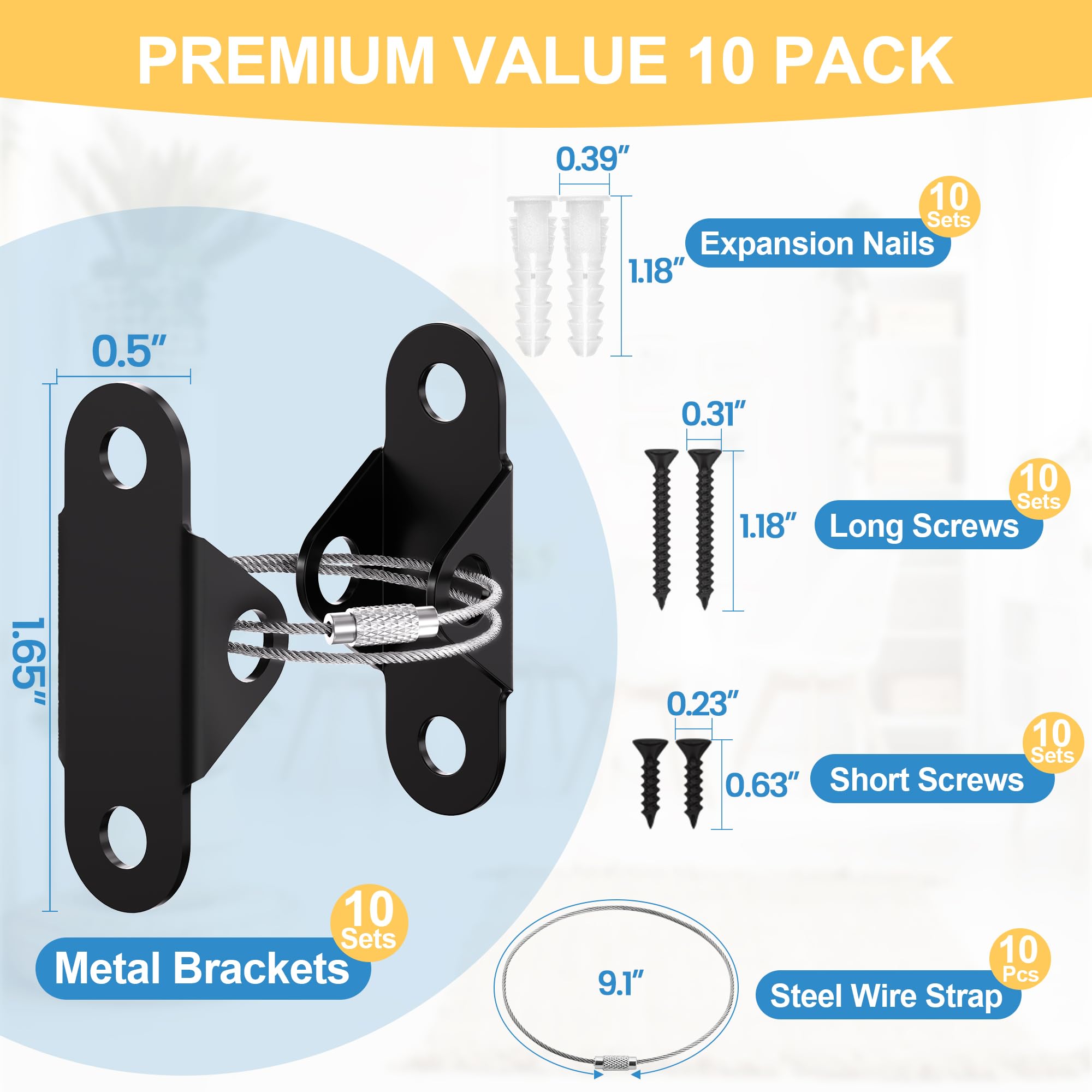 EastLink 10-Pack Baby Proofing Furniture Anchors - 400 LBS Heavy Duty Anti-Tip Straps for Earthquake Safety, Child & Pet Protection - Metal Wall Anchors (Black) - Perfect for Securing Dressers, Bookshelves & TV Stands in Nurseries & Playrooms