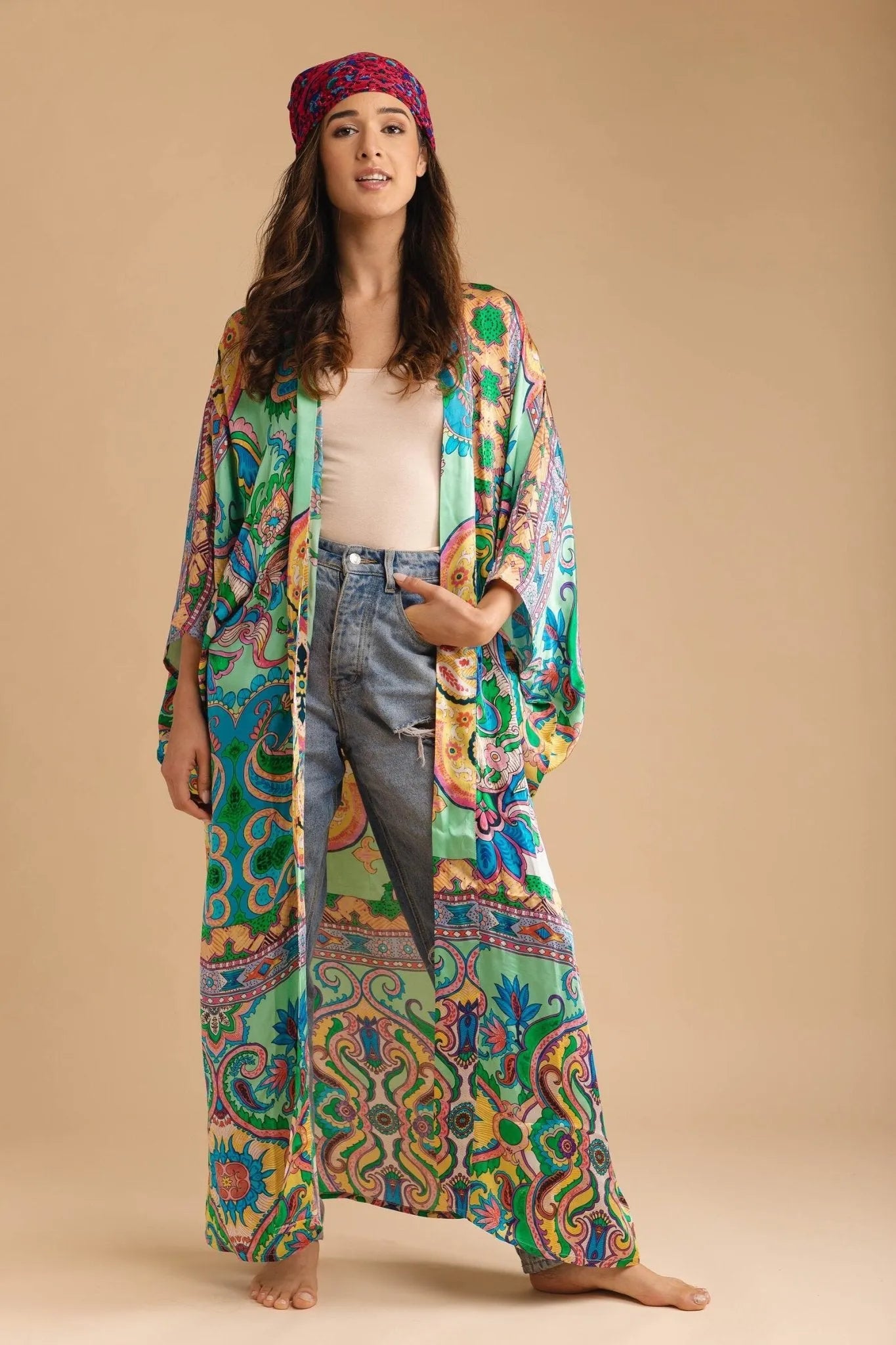 Bohemian Paisley Printed Kimono Robe - Floral Long Sleeve Cover Up for Women - Perfect for Beach, Pool, or Lounge Wear
