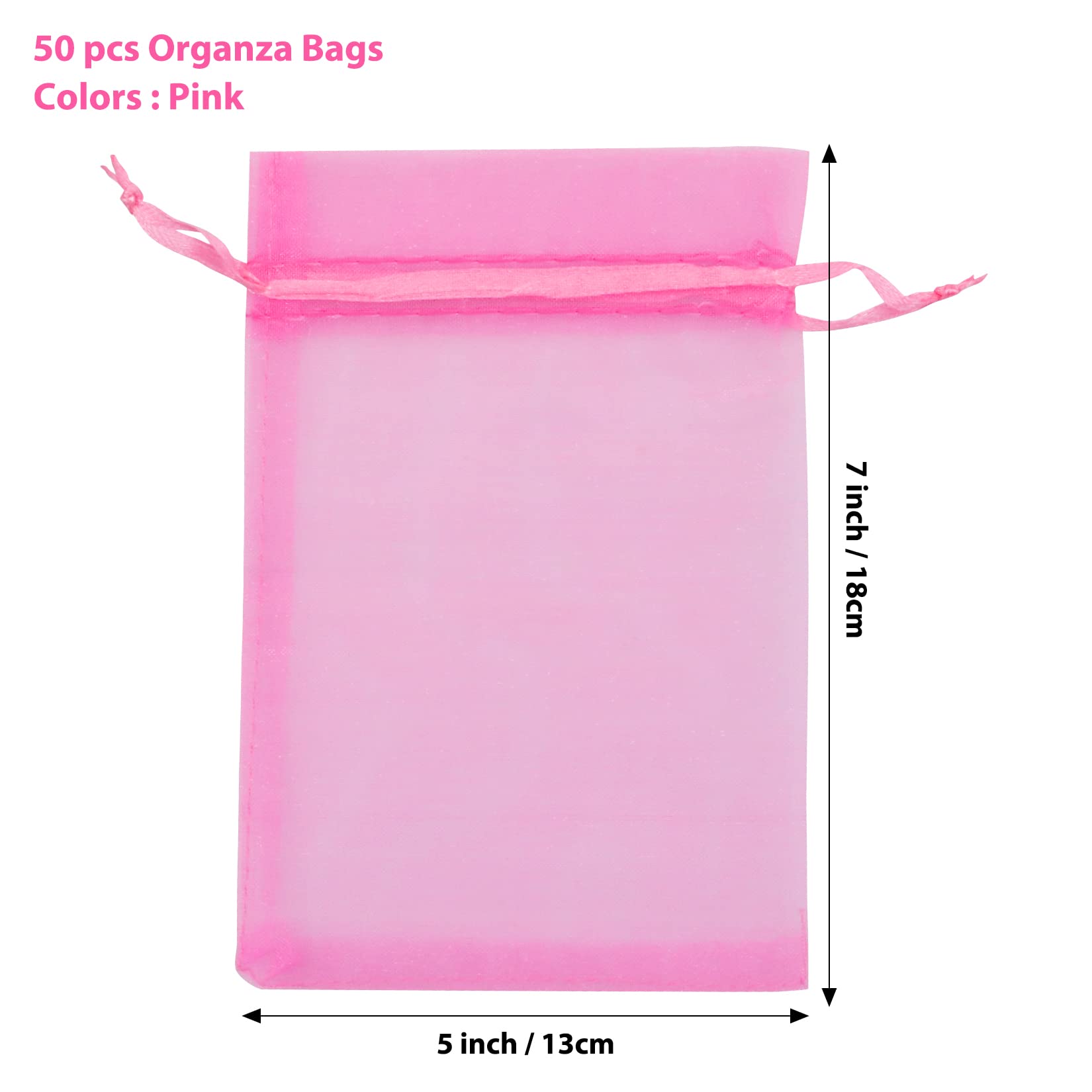 50PCS Pink Organza Bags 5x7 Inches - Premium Sheer Mesh Drawstring Gift Bags for Wedding Favors, Party Decorations, Bridal Showers & Baby Showers - Elegant Small Favor Pouches for Candy, Jewelry & Gifts