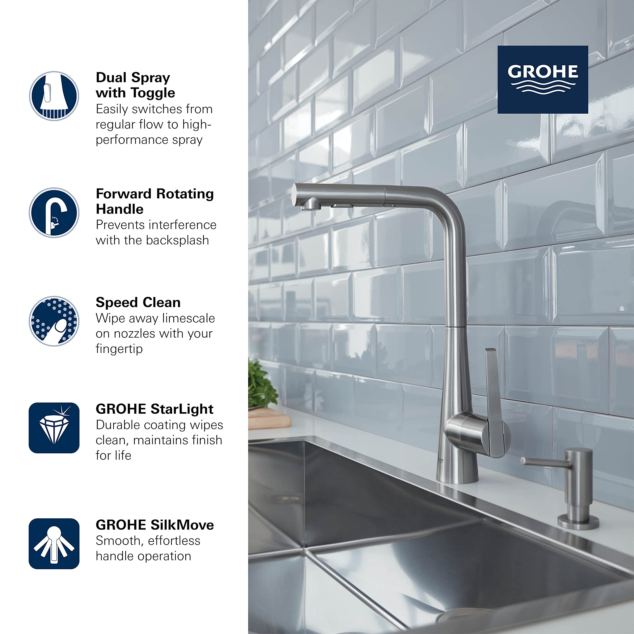 GROHE 33893002 Zedra Pull-Out Kitchen Faucet in Chrome Finish - Modern Design for Easy Dishwashing & Food Prep | Perfect for Home Kitchens & Restaurants