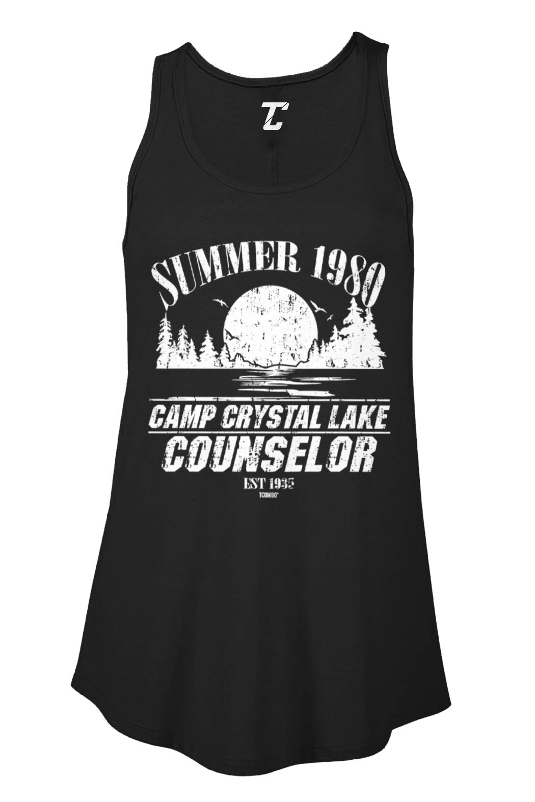 Vintage 1980 Summer Camp Crystal Lake Counselor Women's Flowy Tank Top - Retro Horror Movie Inspired Casual Tee for Halloween, Cosplay & 80s Theme Parties