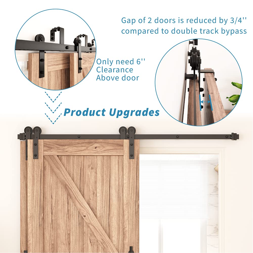ZEKOO 5.5FT Single Track Bypass Sliding Barn Door Hardware Kit for Double Doors - Low Ceiling Compatible I-Shape Hanger with Flat Track Rollers | Perfect for Bedrooms, Closets & Room Dividers