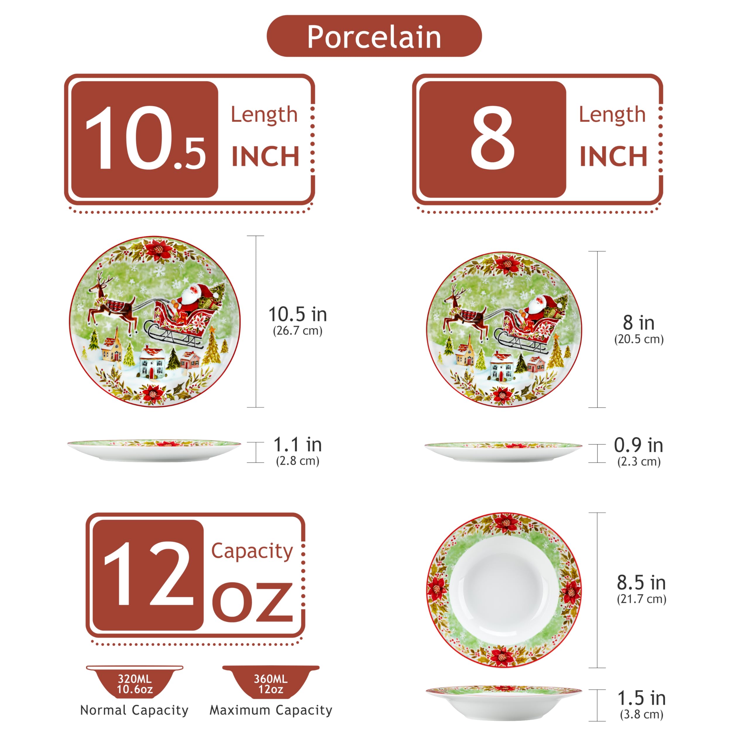 VEWEET 18-Piece Porcelain Christmas Dinnerware Set for 6 - 6 Dinner Plates, 6 Dessert Plates, 6 Soup Plates with Santa & Reindeer Design | Holiday Table Setting, Christmas Party, Festive Family Dinner