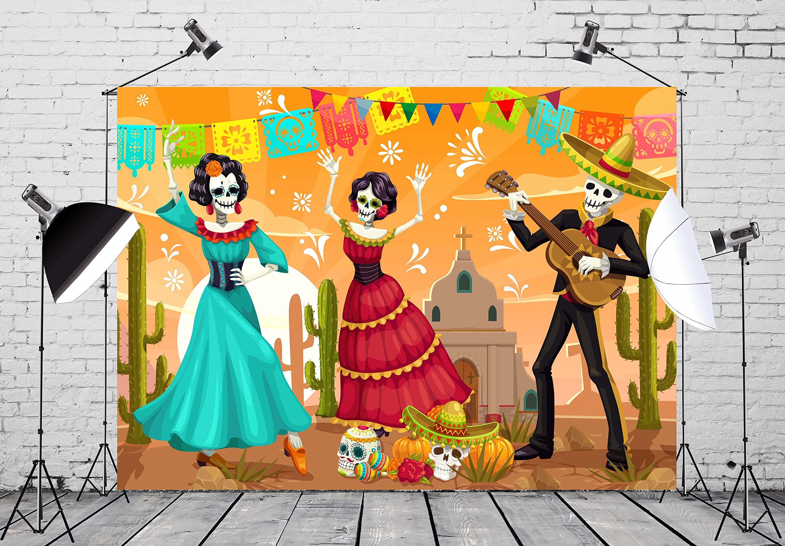 5x3ft Day of The Dead Backdrop - Catrina Skeletons, Flamenco Dancer & Sugar Skull Design with Marigold Flowers - Photography Background for Dia De Los Muertos Party, Fiesta Decor & Photo Props - Perfect for Halloween, Cinco de Mayo & Themed Events