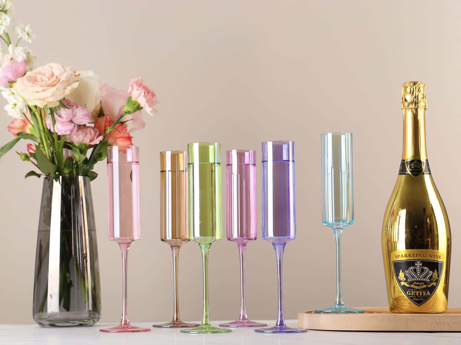 Physkoa 6-Piece Colored Champagne Flutes Set - Lead-Free Crystal Colorful Glass Champagne Glasses for Birthday, Wedding & Bridal Shower | Elegant Drinkware for Parties, Celebrations & Romantic Dinners