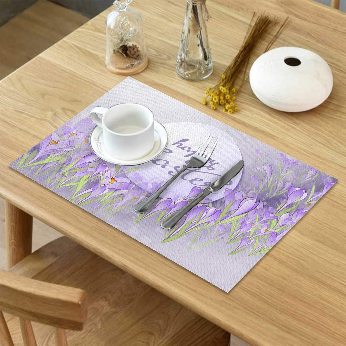 Xspring Set of 6 Happy Easter Egg Purple Burlap Placemats - Heat Resistant & Washable Round Table Mats for Dining, Patio, and Outdoor Use - Perfect for Easter Decor and Spring Table Settings
