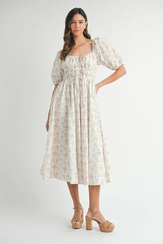 Floral Puff Sleeve Midi Summer Dress for Women - Boho Flowy Beach Dress with Ruffle Hem, Perfect for Vacation, Wedding Guest & Outdoor Parties