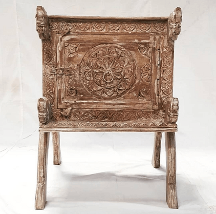 Hand Carved Indian Nightstand Table with One Door - Elegant Wooden Bedside Table for Bedroom, Living Room, or Office - Perfect for Storage & Decor