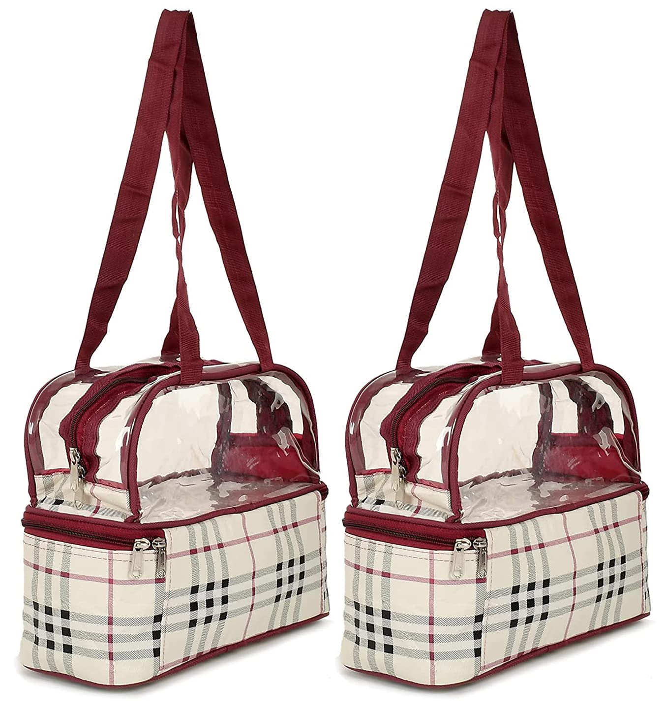 Kuber Industries Double Layer Travel Toiletry Bag & Makeup Organizer for Women - Waterproof Cosmetic Bag with Check Design, Pack of 2 (Maroon) - Perfect for Vacation, Gym, Business Trips & Daily Essentials Storage