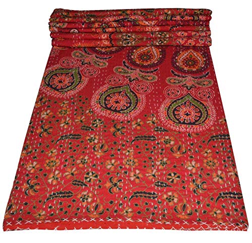 Red Peacock Mandala Tapestry Throw Blanket - Twin Size Indian Kantha Embroidered Quilt 80x50 Inches - Bohemian Bedspread for Home Decor, Yoga Studio & Dorm Room