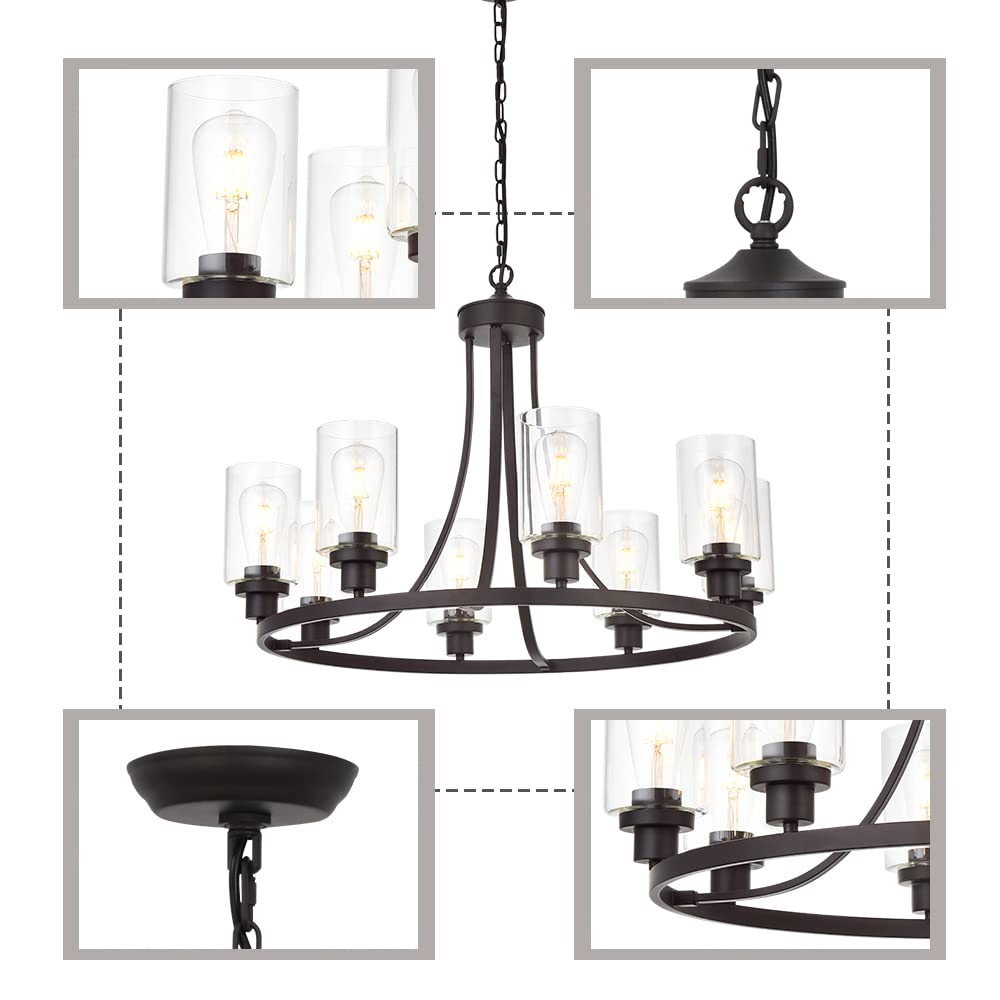 8-Light Farmhouse Chandelier Wagon Wheel - Industrial Kitchen Island Lighting in Oil Rubbed Bronze Finish - Rustic Dining Room Hanging Fixture for Farmhouse, Loft & Industrial Decor